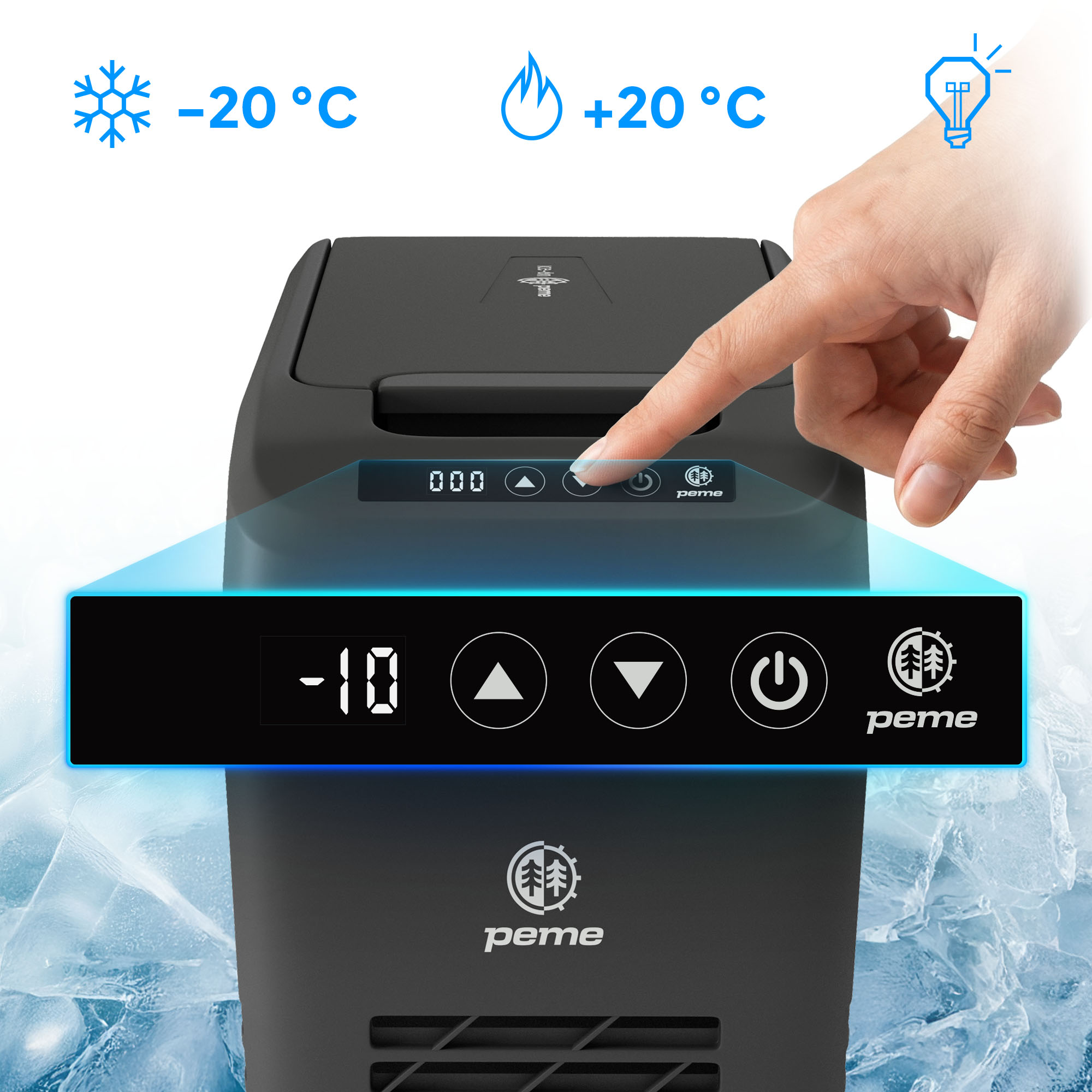 Ein Finger drückt auf einen "-"-Knopf auf einem schwarzen Display mit "-10".