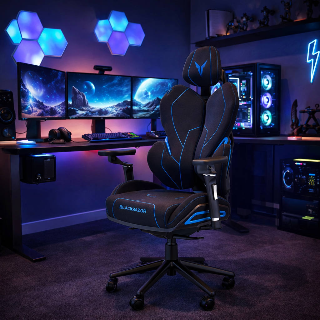 Czarny fotel gamingowy z niebieskimi akcentami stoi przed biurkiem z trzema monitorami.