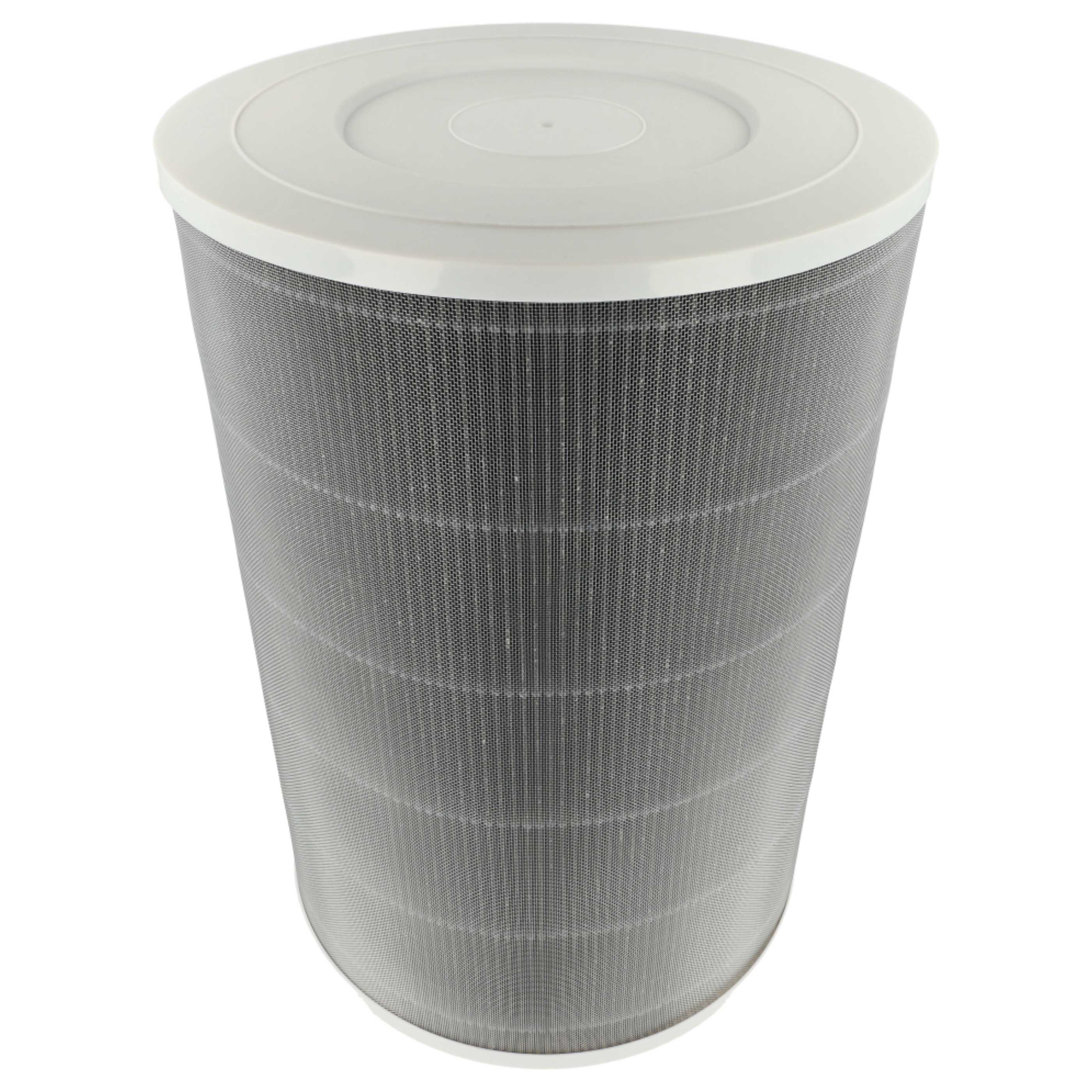 Ein weißer zylindrischer Luftfilter mit einem feinen Netzgewebe.