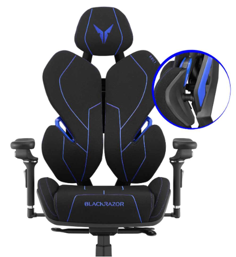 Czarny fotel gamingowy z niebieskimi akcentami i logo. Widok detalu ramienia.