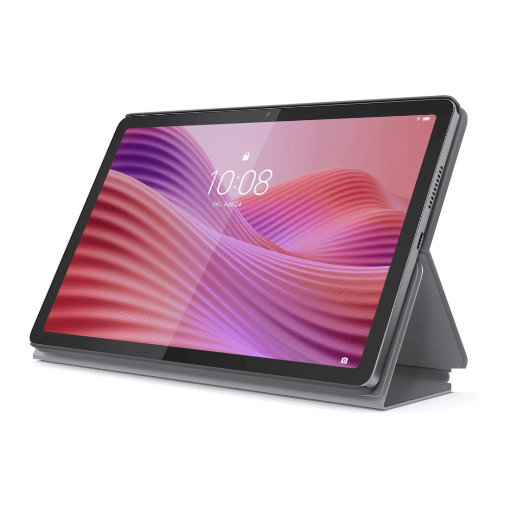 Un tablet grigio con uno sfondo colorato che mostra l'ora 10:08.