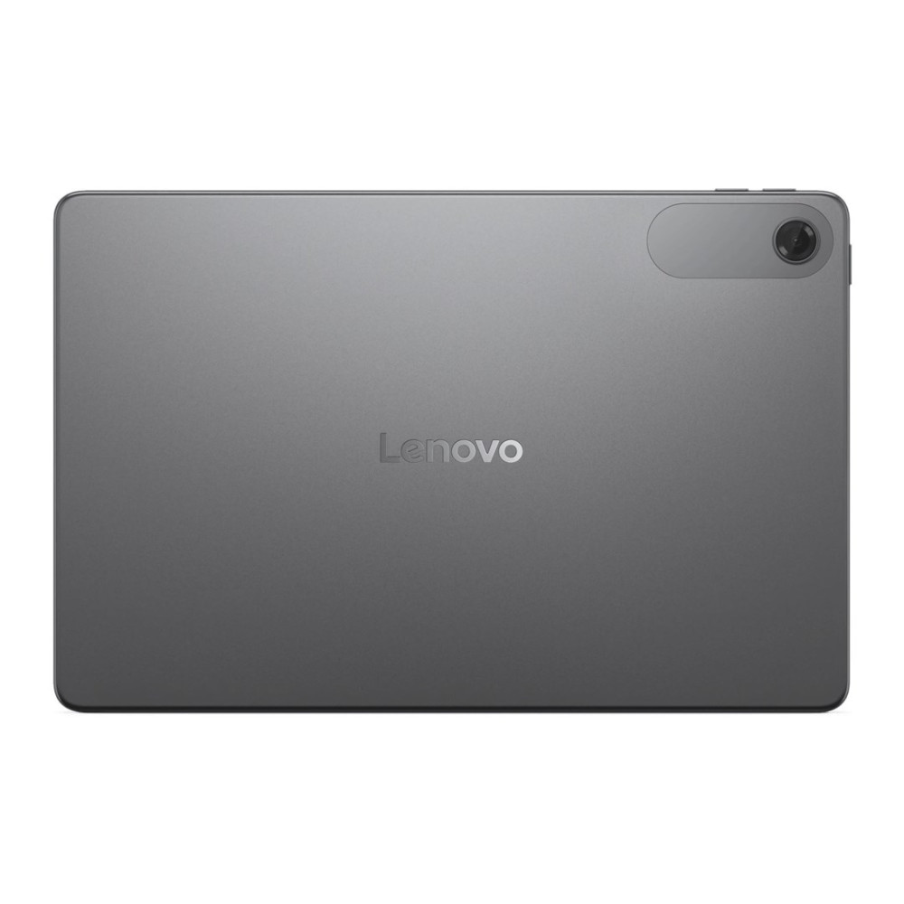 Retro di un tablet Lenovo grigio con obiettivo della fotocamera in alto a destra.