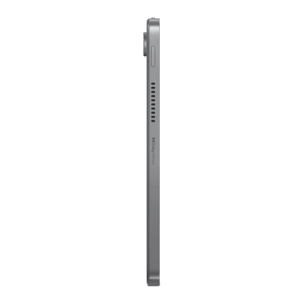 Tablet grigio di profilo con logo Dolby Atmos e fori altoparlanti.