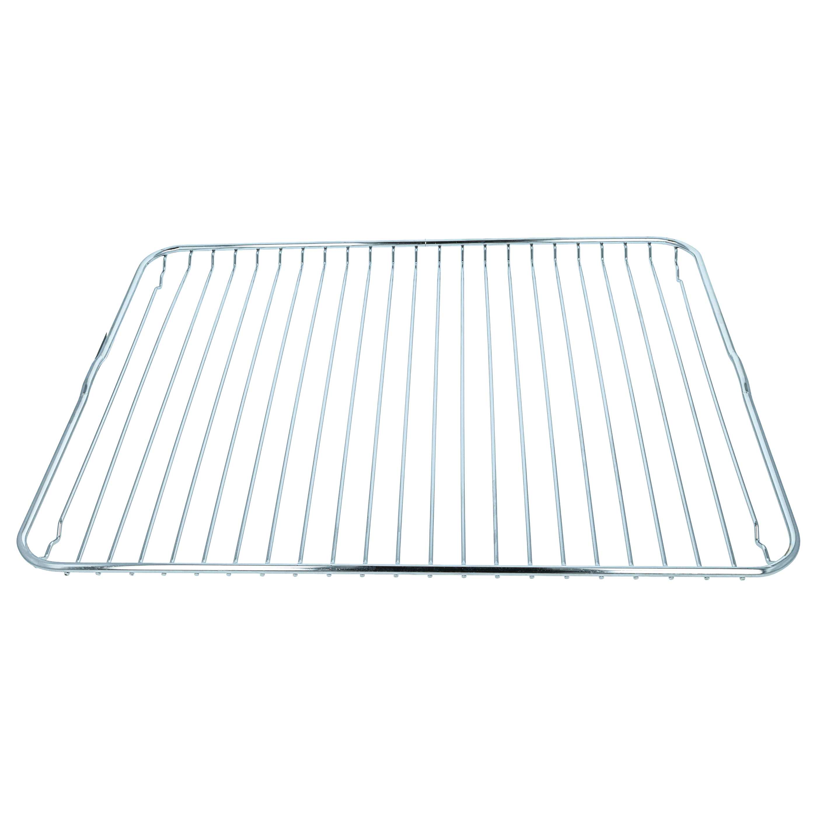 Ein silberner Backofengrill mit rechteckigem Metallrahmen und Gitterstäben.