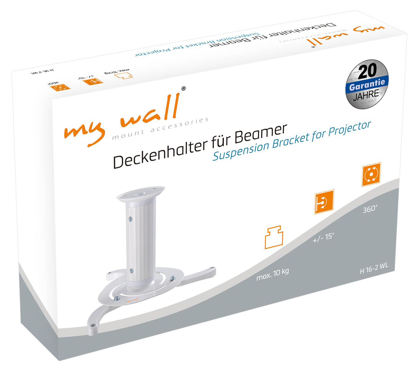 Verpackung für eine Deckenhalterung für Beamer mit 20 Jahren Garantie.