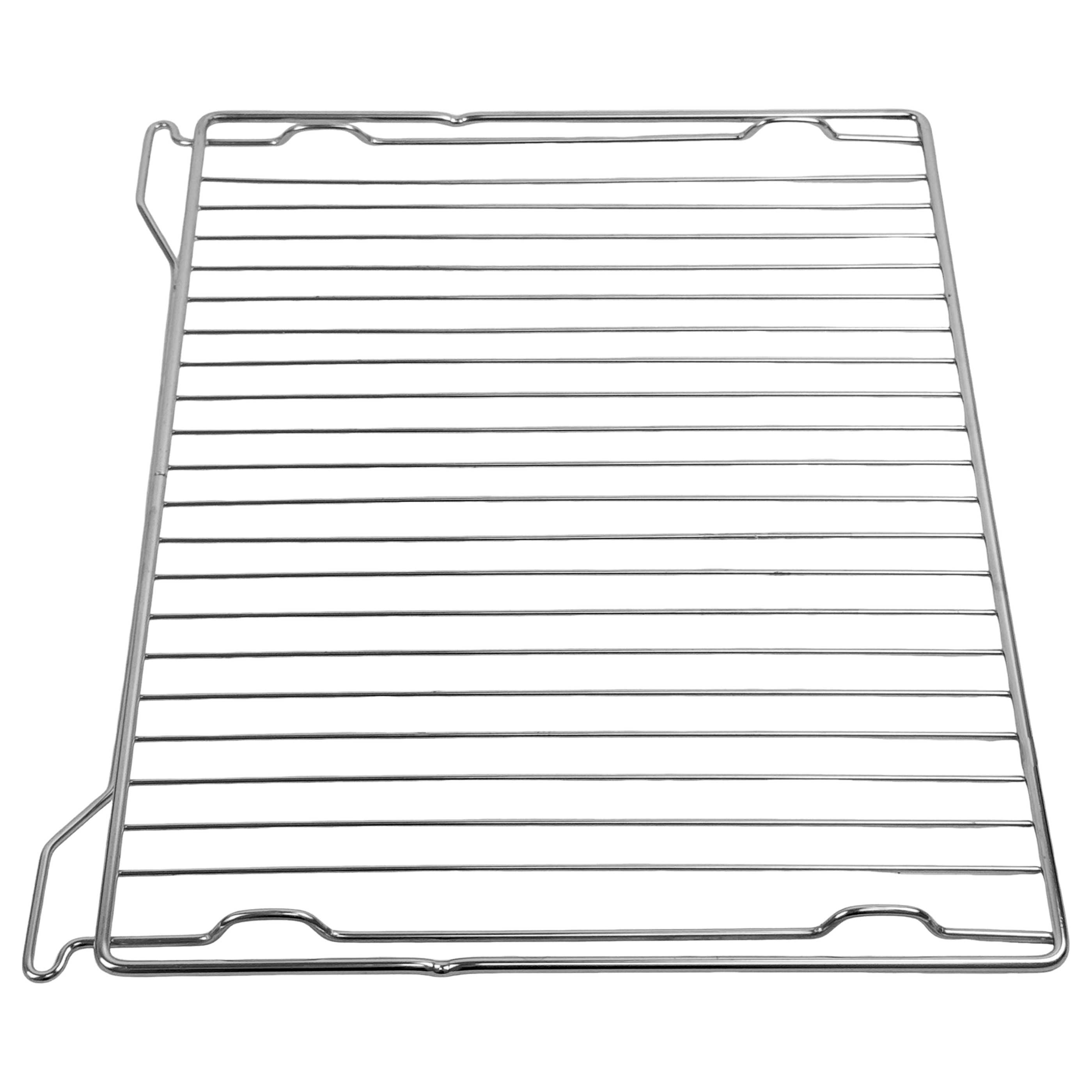 Ein rechteckiger Chromgrill mit horizontalen Stäben und gebogenen Beinen.