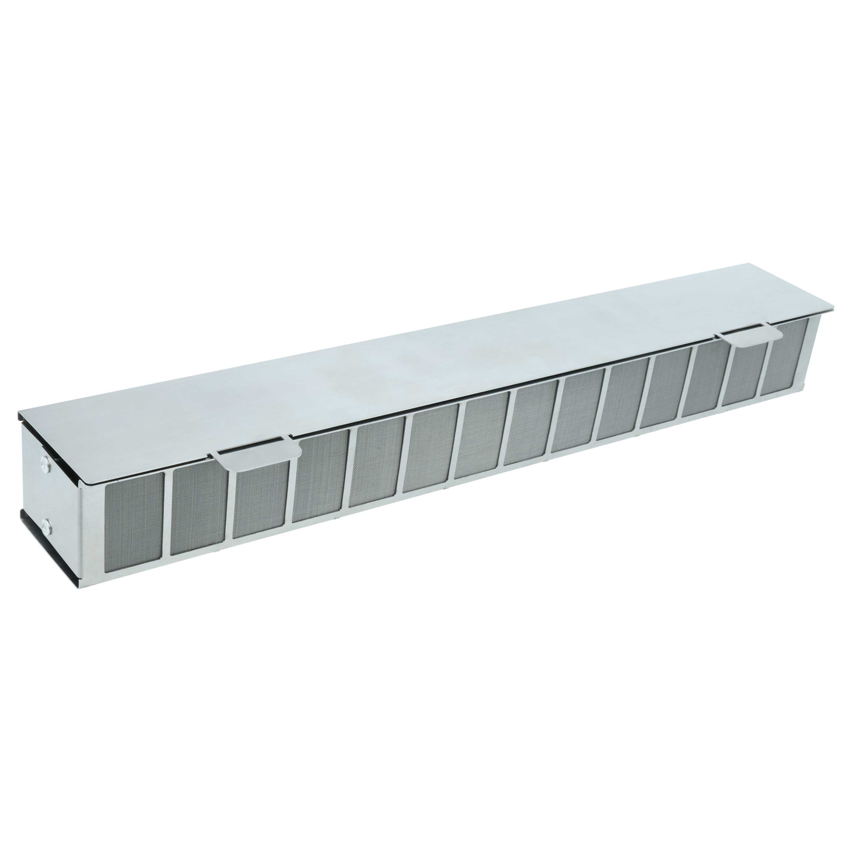 Ein langer, schmaler Metallbehälter mit vielen schmalen, vergitterten Fenstern und einem Griff.