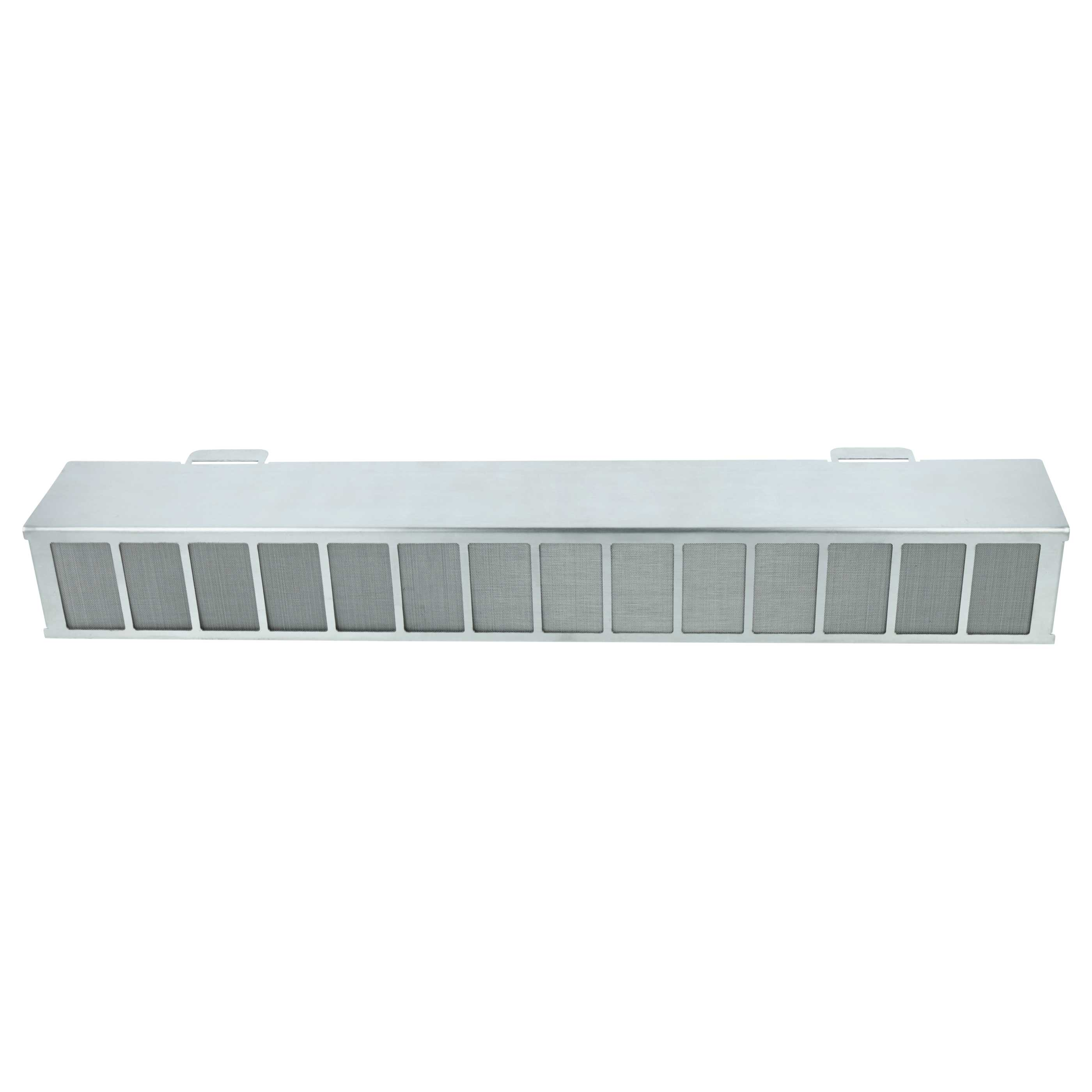 Ein langer, schmaler, silberner Luftfilter mit vielen Gittern.