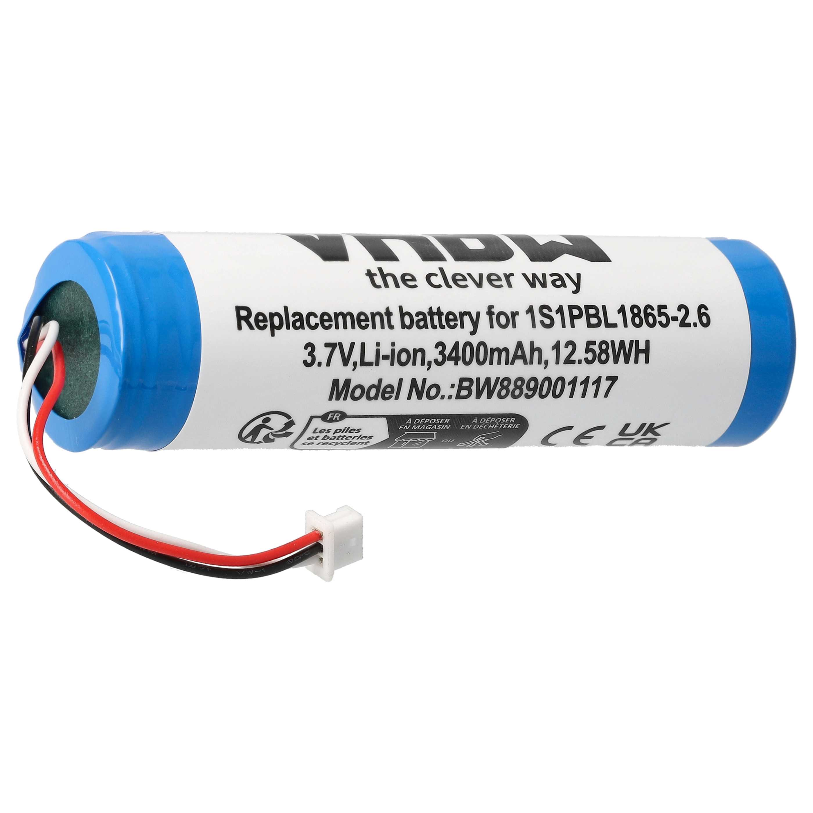 Eine blaue Lithium-Ionen-Batterie mit 3,7V, 3400mAh und Kabeln.