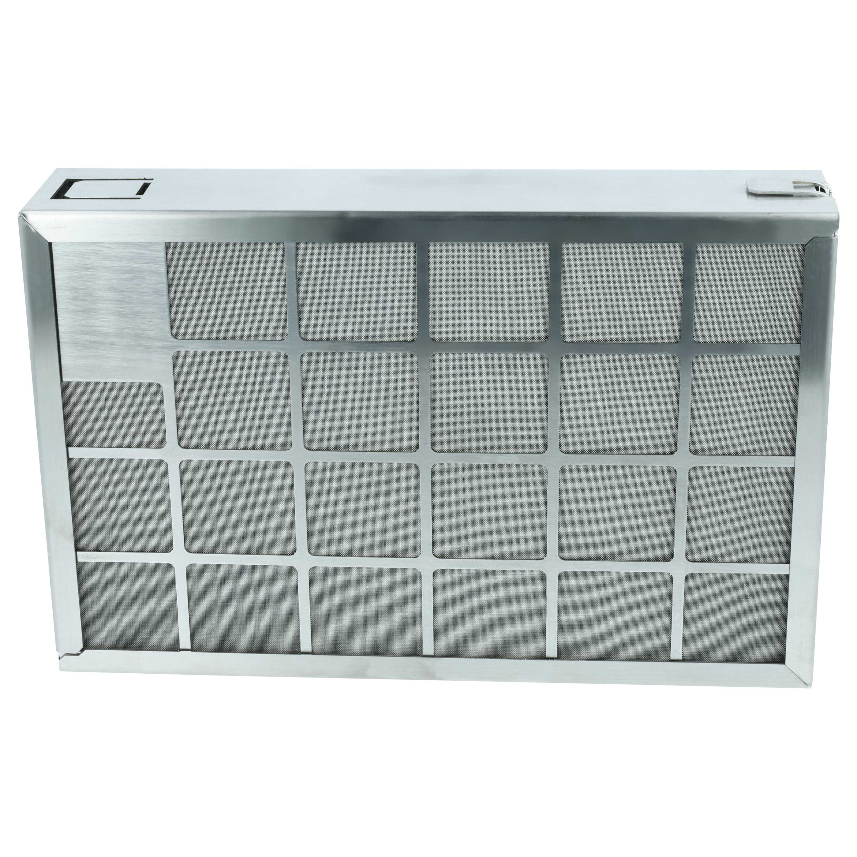 Ein rechteckiger Metallfilter mit einem feinen Netzgitter, unterteilt in Quadrate.