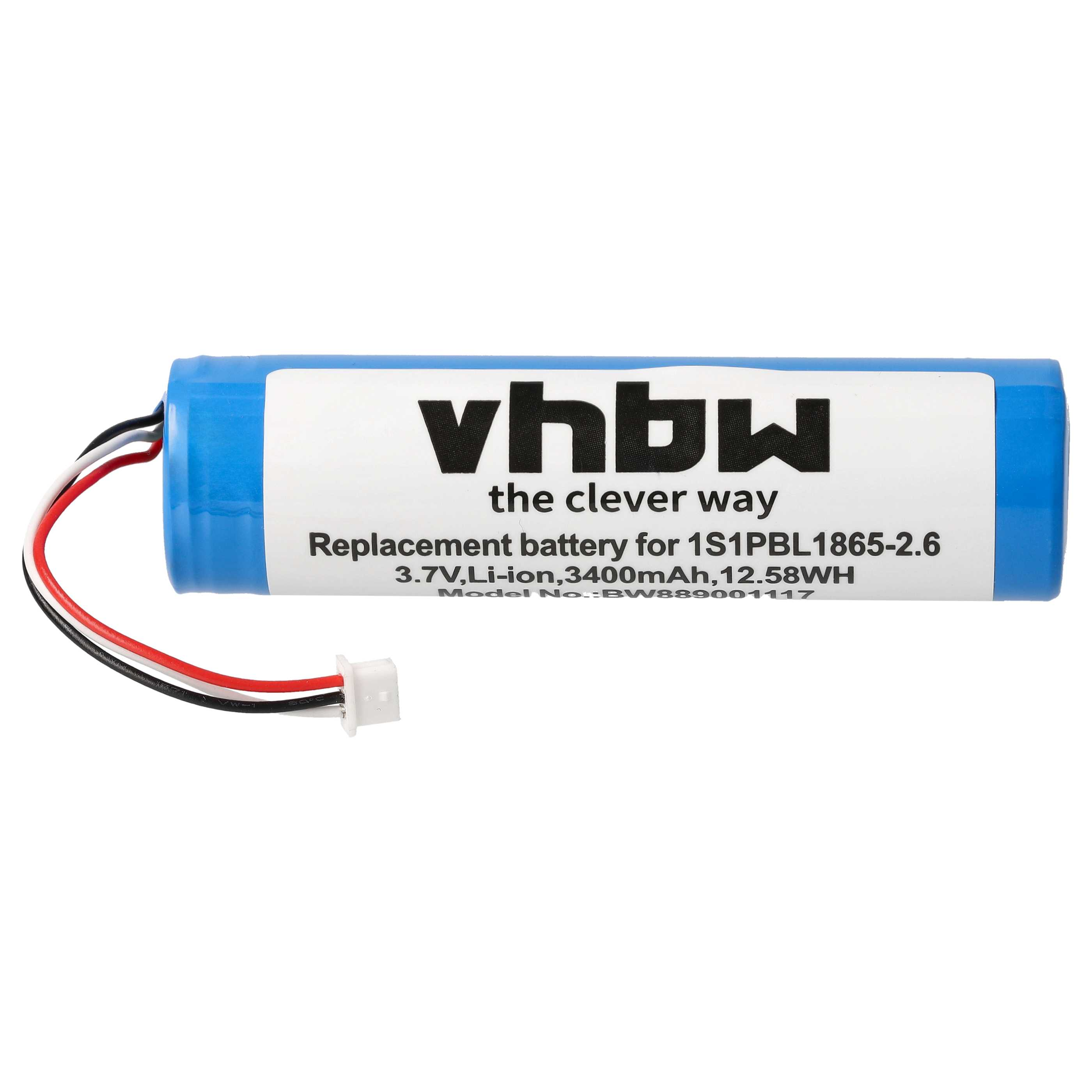 Blauer Li-Ion-Akku mit Kabeln und Beschriftung: 3,7V, 3400mAh.