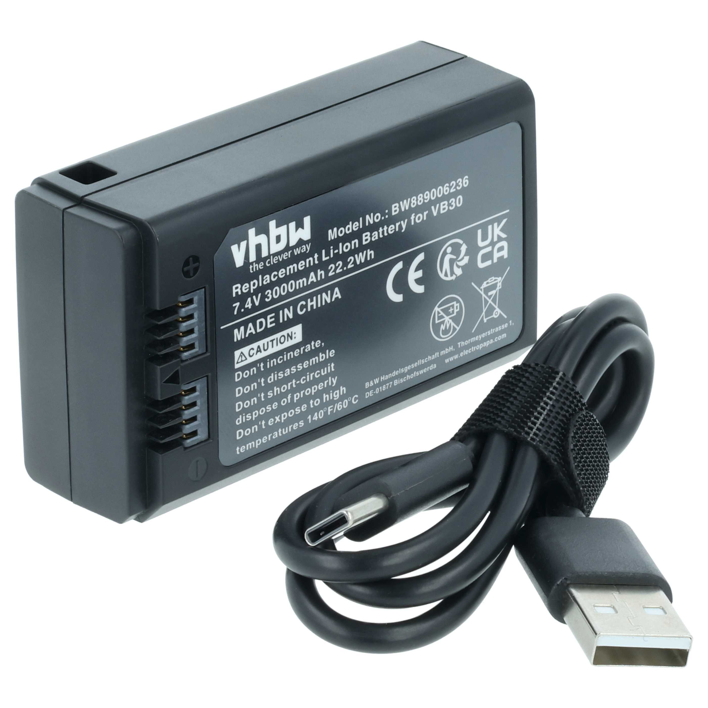 Ein schwarzer vhbw Li-Ion Akku mit weißem Text und ein schwarzes USB-A zu USB-C Kabel auf weißem Hintergrund.