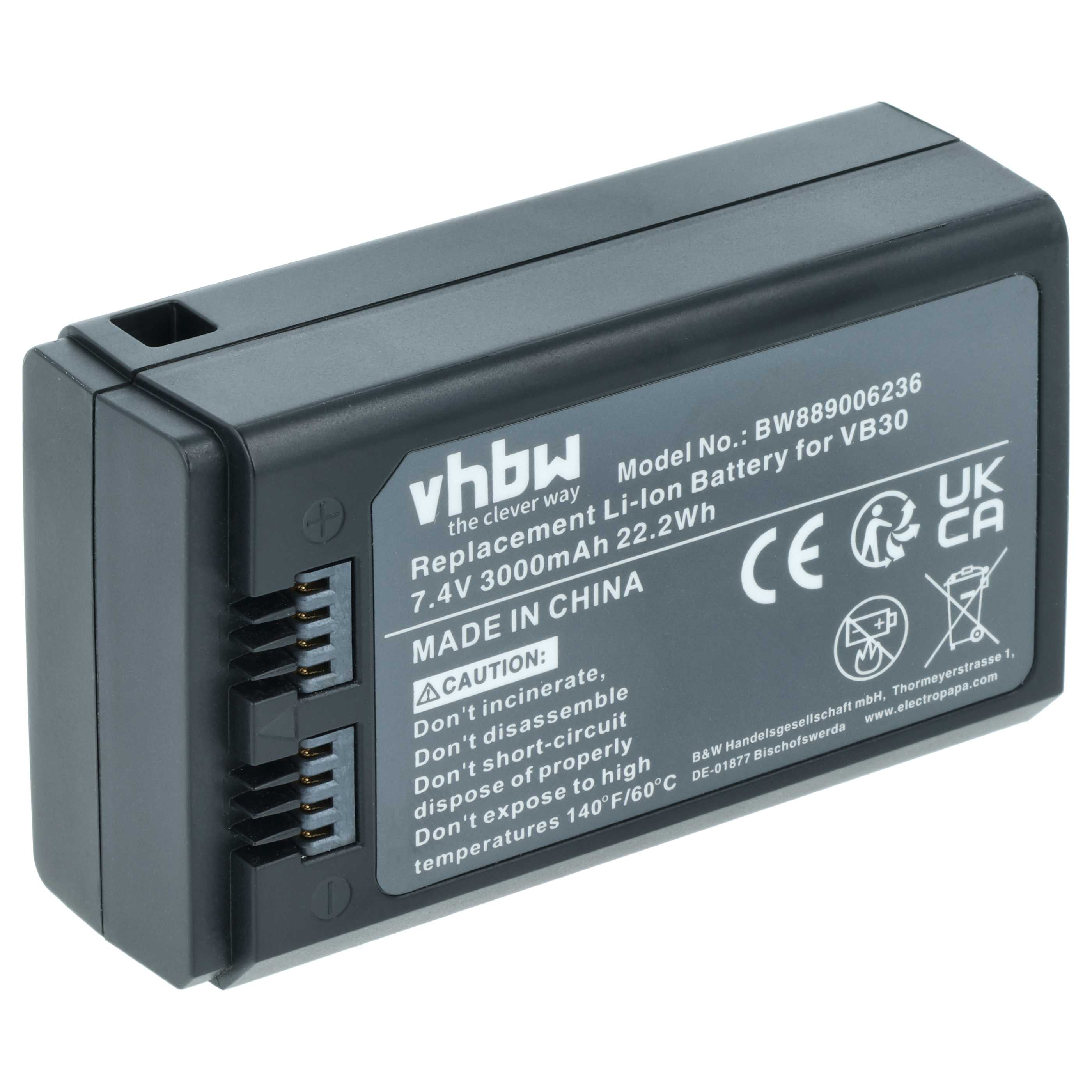 Schwarzer Li-Ion Akku für VB30, 7.4V 3000mAh, mit Warnhinweisen.