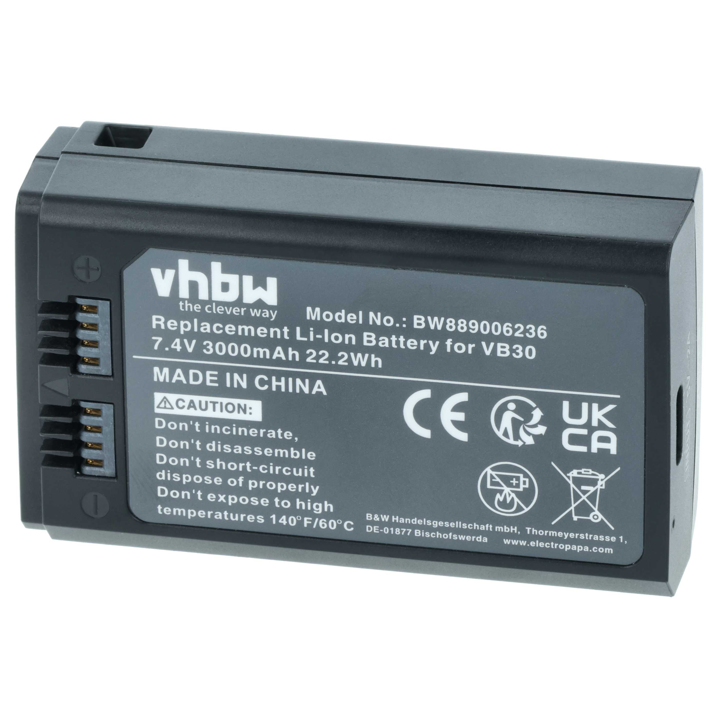 Grauer Vhbw Ersatz-Li-Ion-Akku 7,4V 3000mAh für VB30 mit Warnsymbolen.
