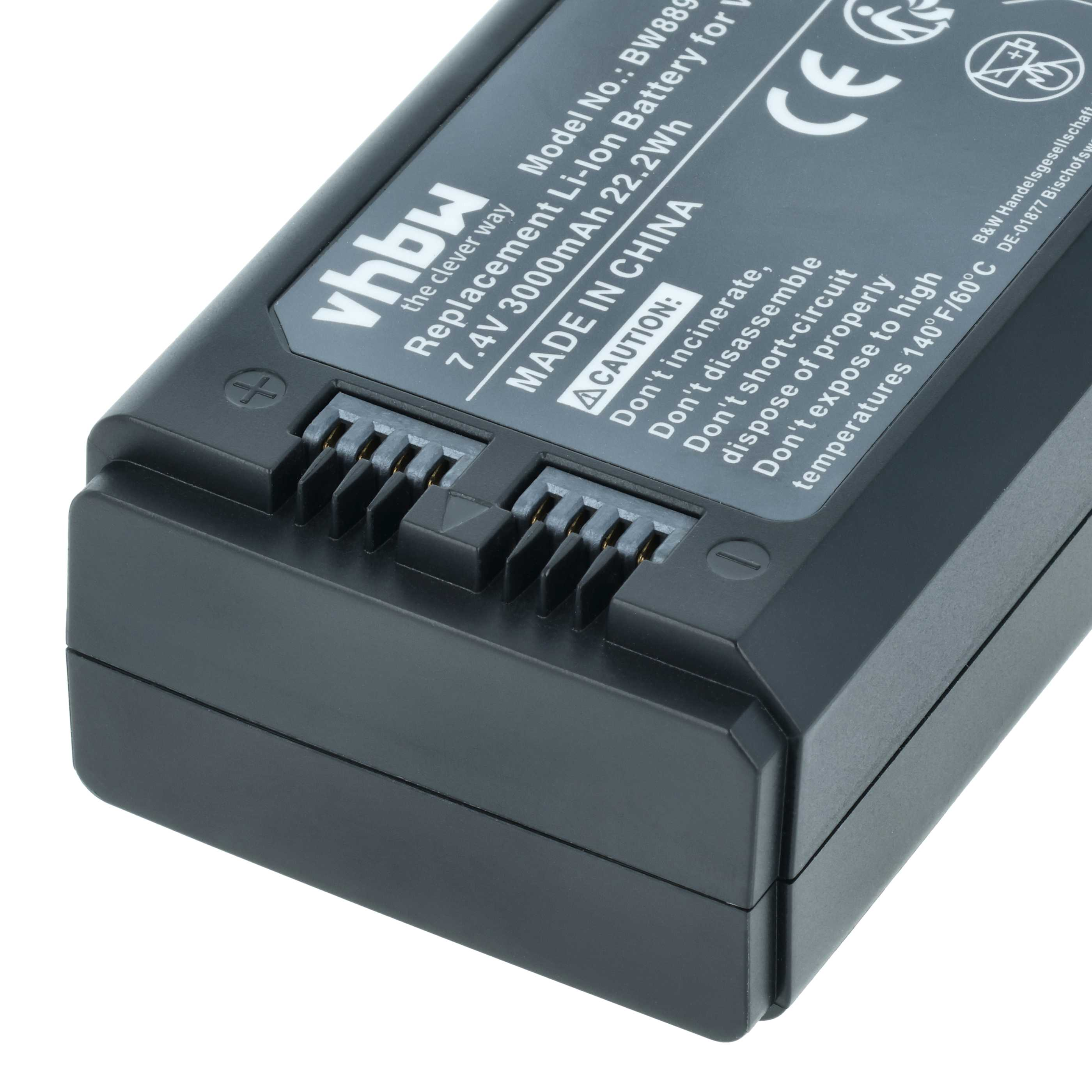 Schwarzer Akku mit Beschriftung: vhbw, 7.4V 3000mAh, Made in China.