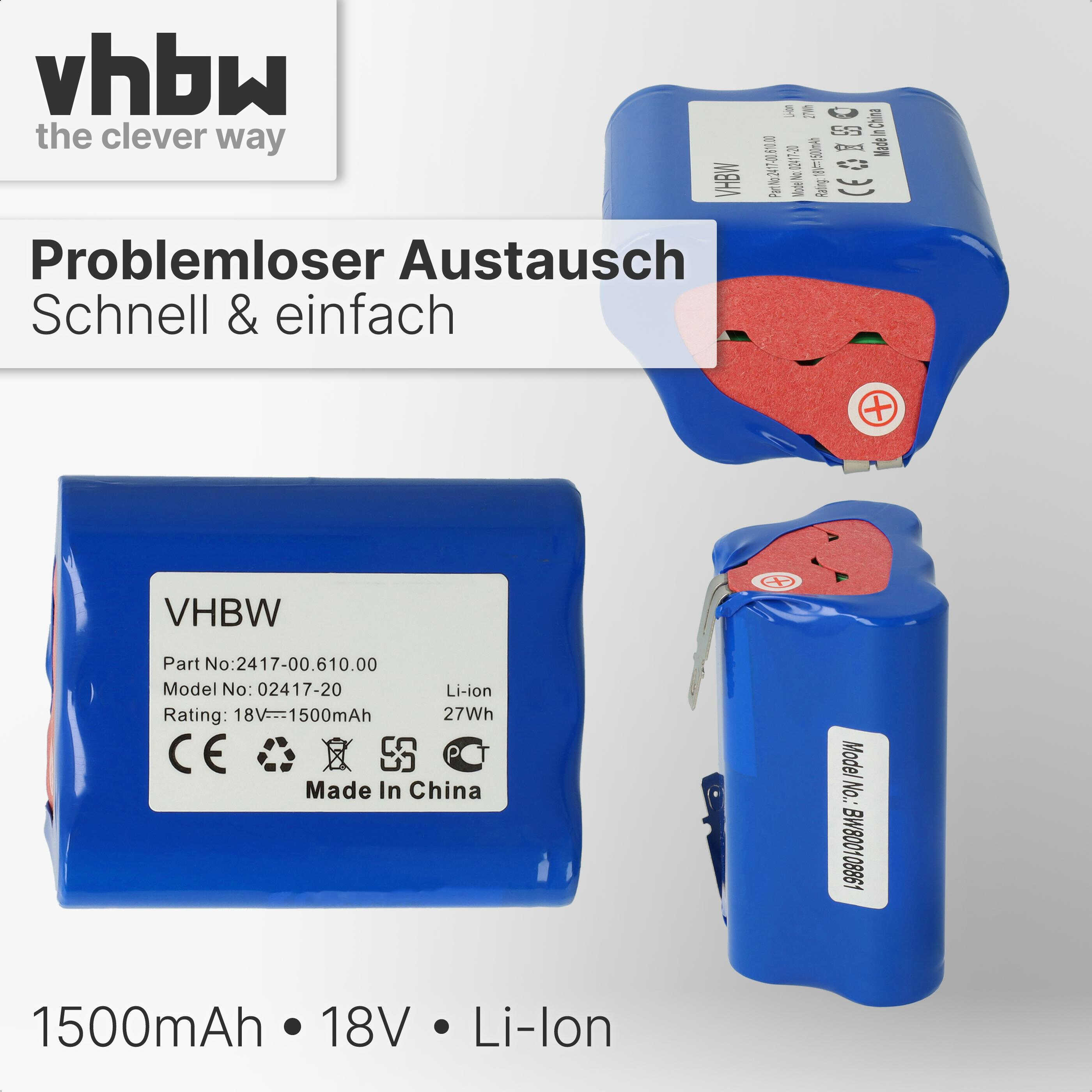 Zwei blaue Li-Ion-Akkus mit VHBW-Logo, 18V, 1500mAh, 27Wh.