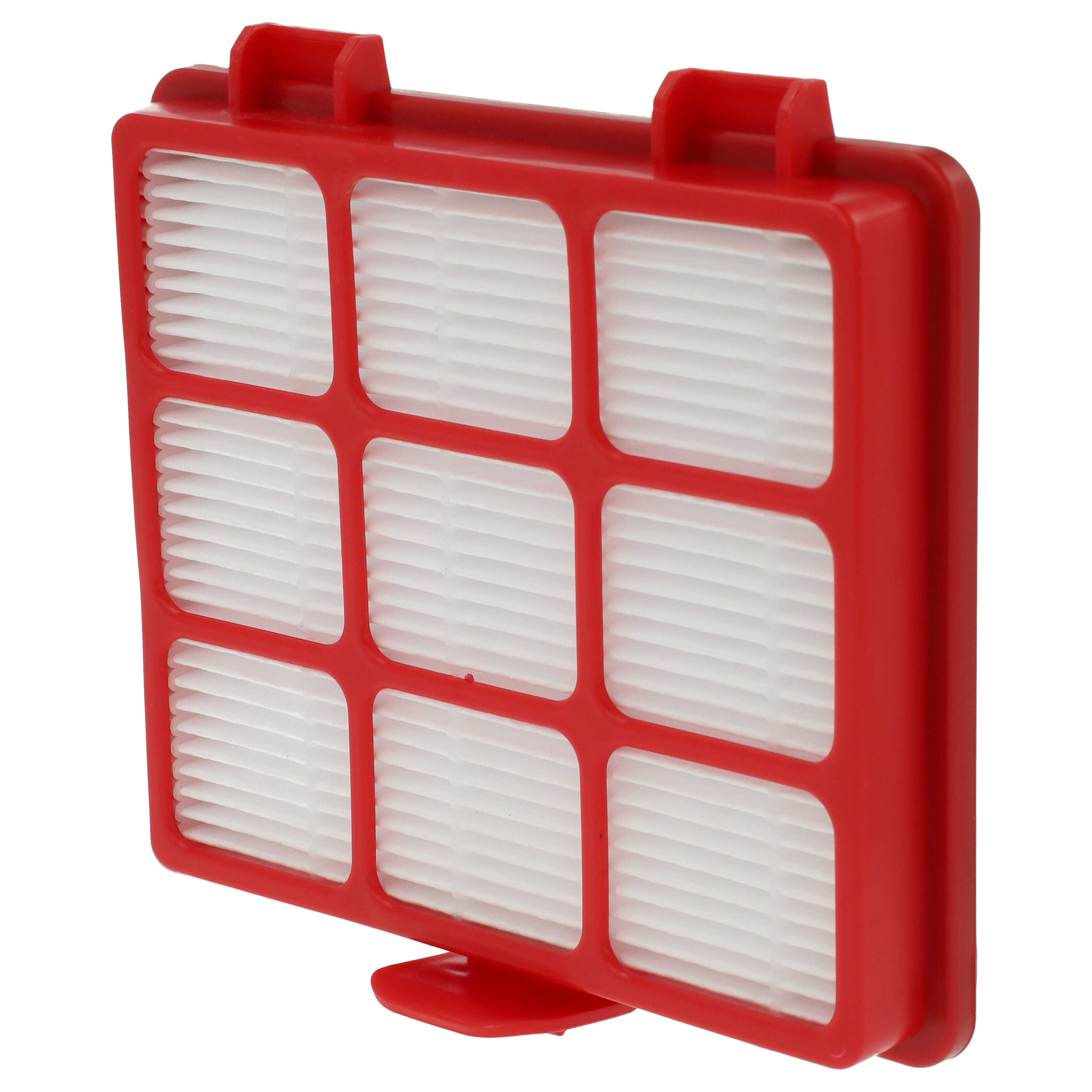 Ein roter Staubsaugerfilter mit neun weißen Lamellenbereichen.