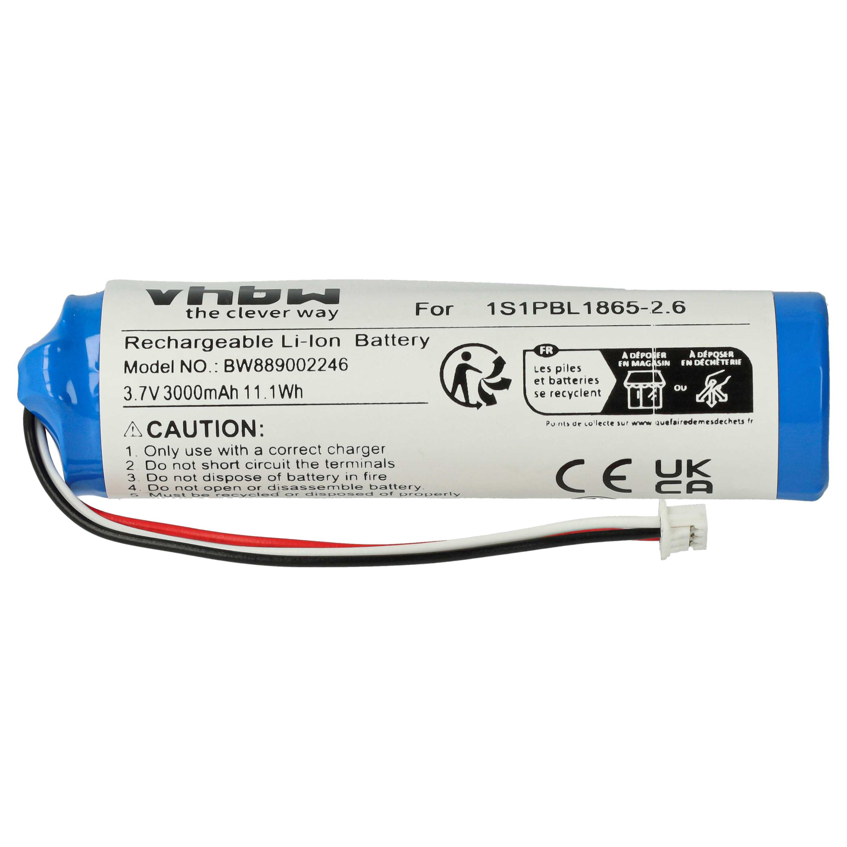 Eine blaue Lithium-Ionen-Batterie mit weißen und schwarzen Kabeln und einem Stecker.