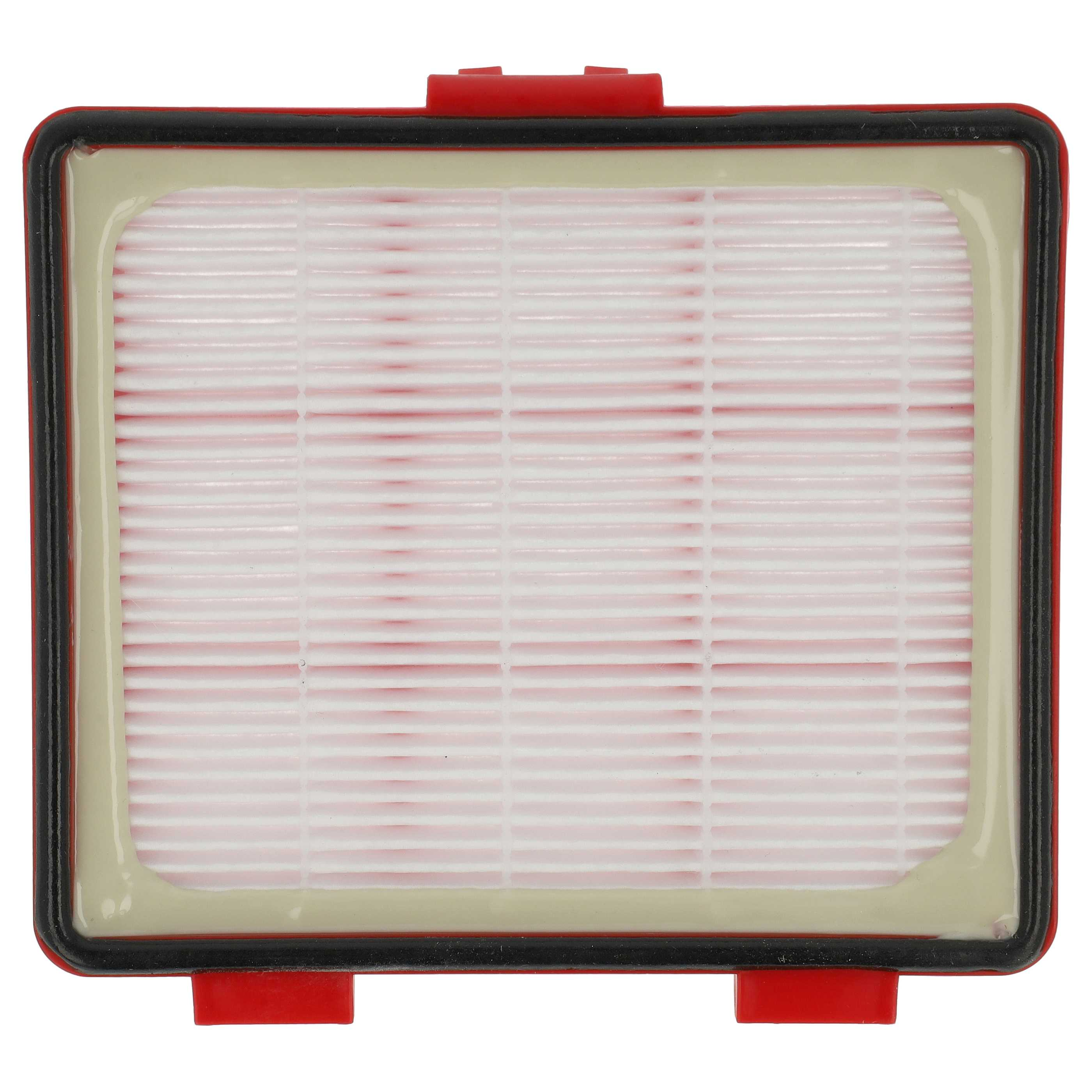 Ein rechteckiger HEPA-Filter mit rotem Rahmen und weißen Lamellen.
