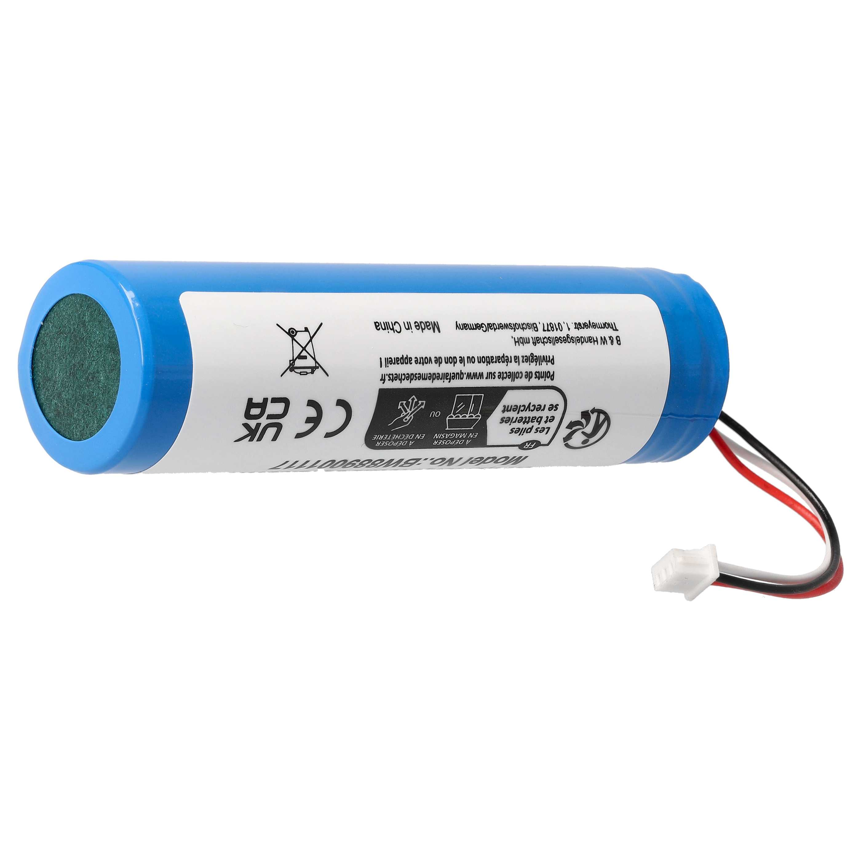 Eine blaue Lithium-Ionen-Batterie mit Kabeln und einem Stecker.