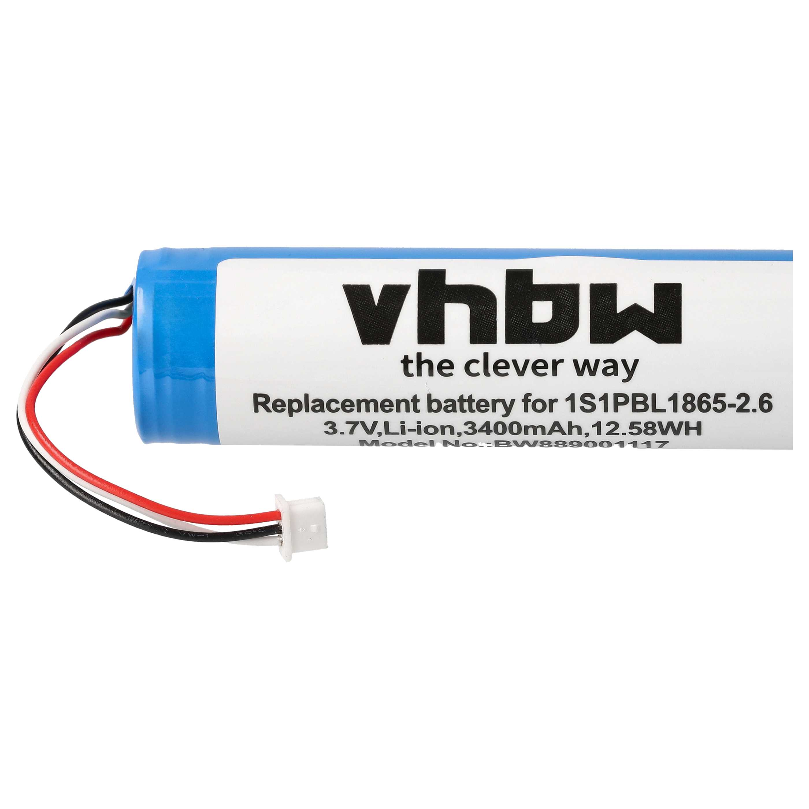 Blauer Lithium-Ionen-Akku mit Kabeln und Beschriftung.