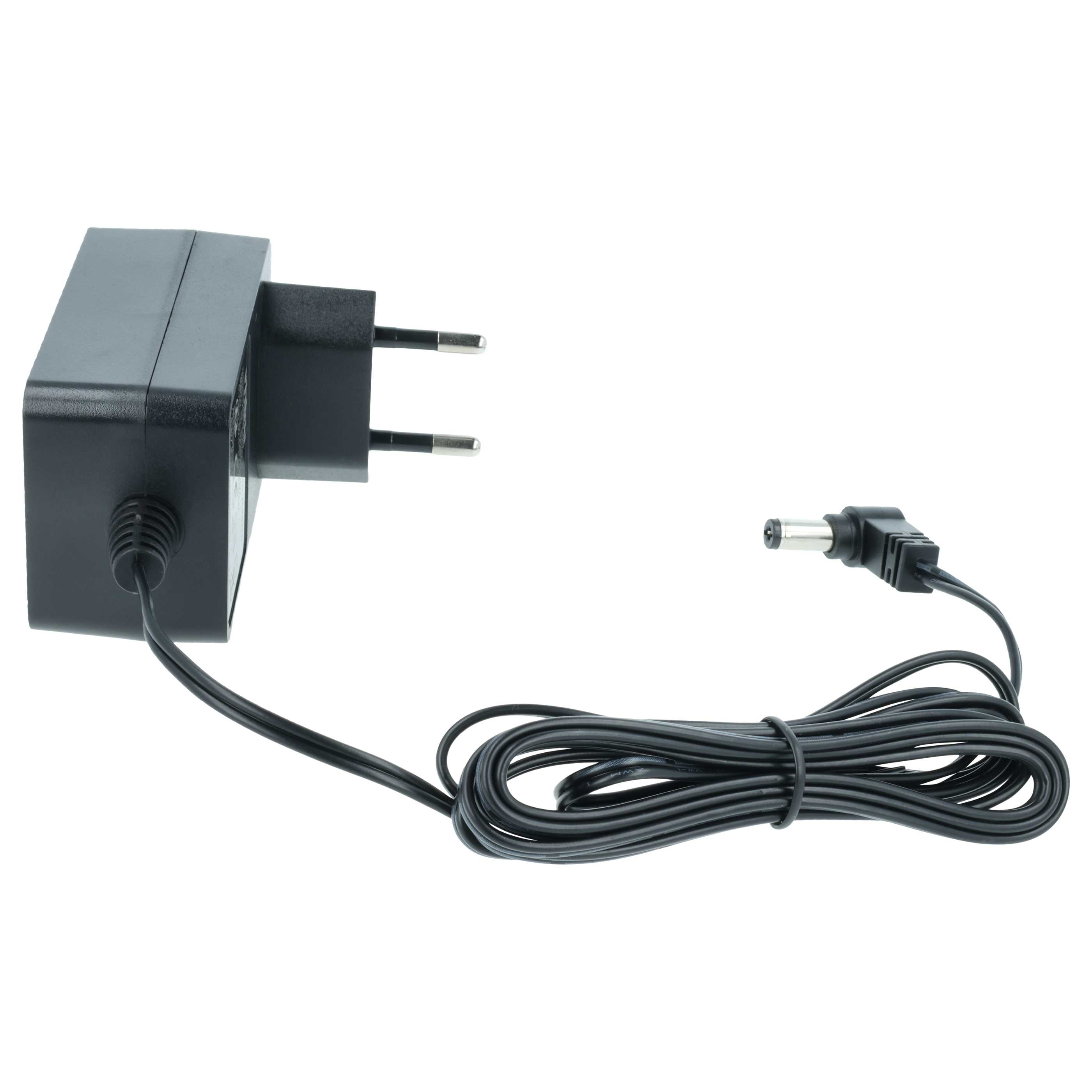 Schwarzes Netzteil mit zwei Pins und einem Kabel mit Rundstecker.