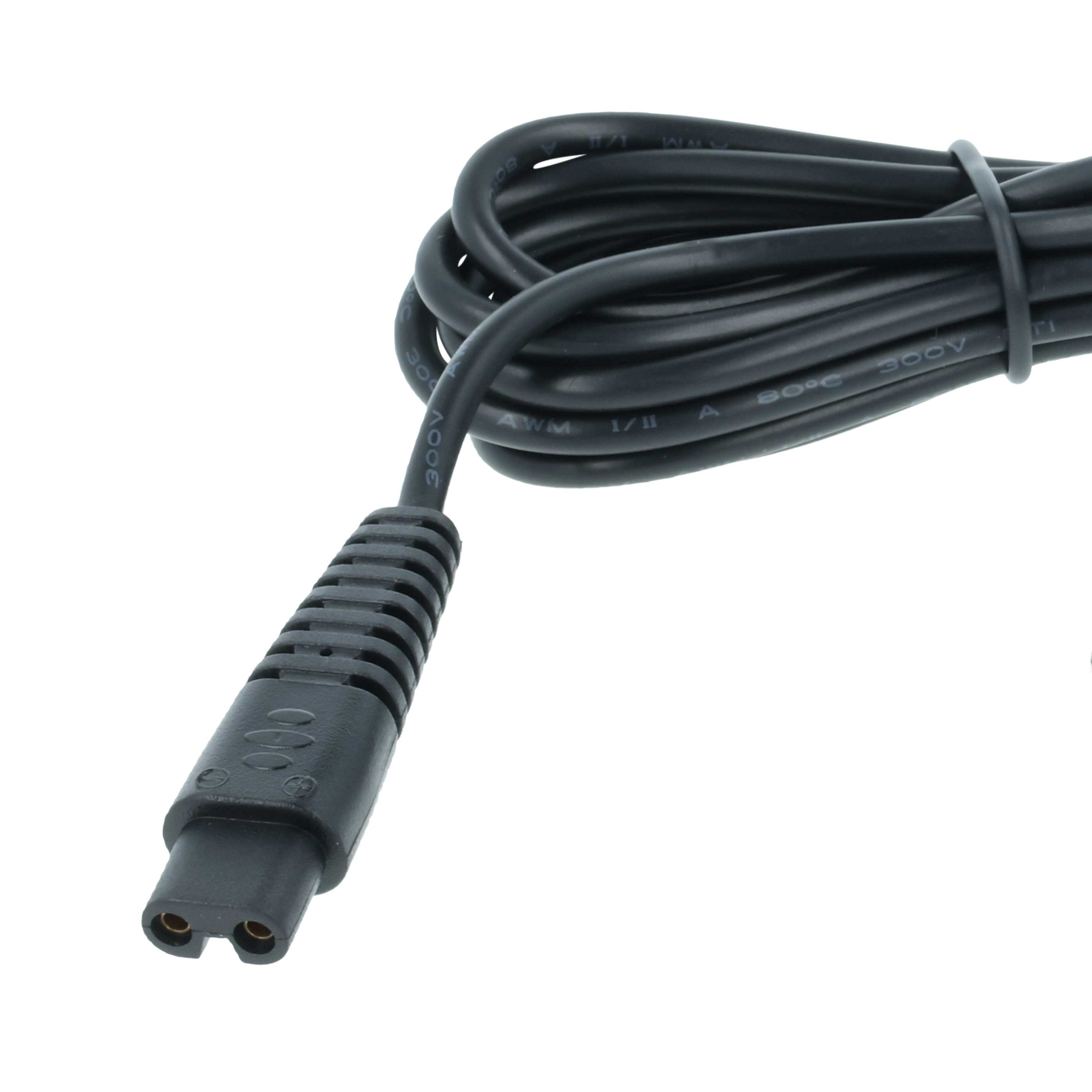 Ein schwarzes Kabel mit einem zweipoligen Stecker und gewickeltem Kabel auf weißem Hintergrund.
