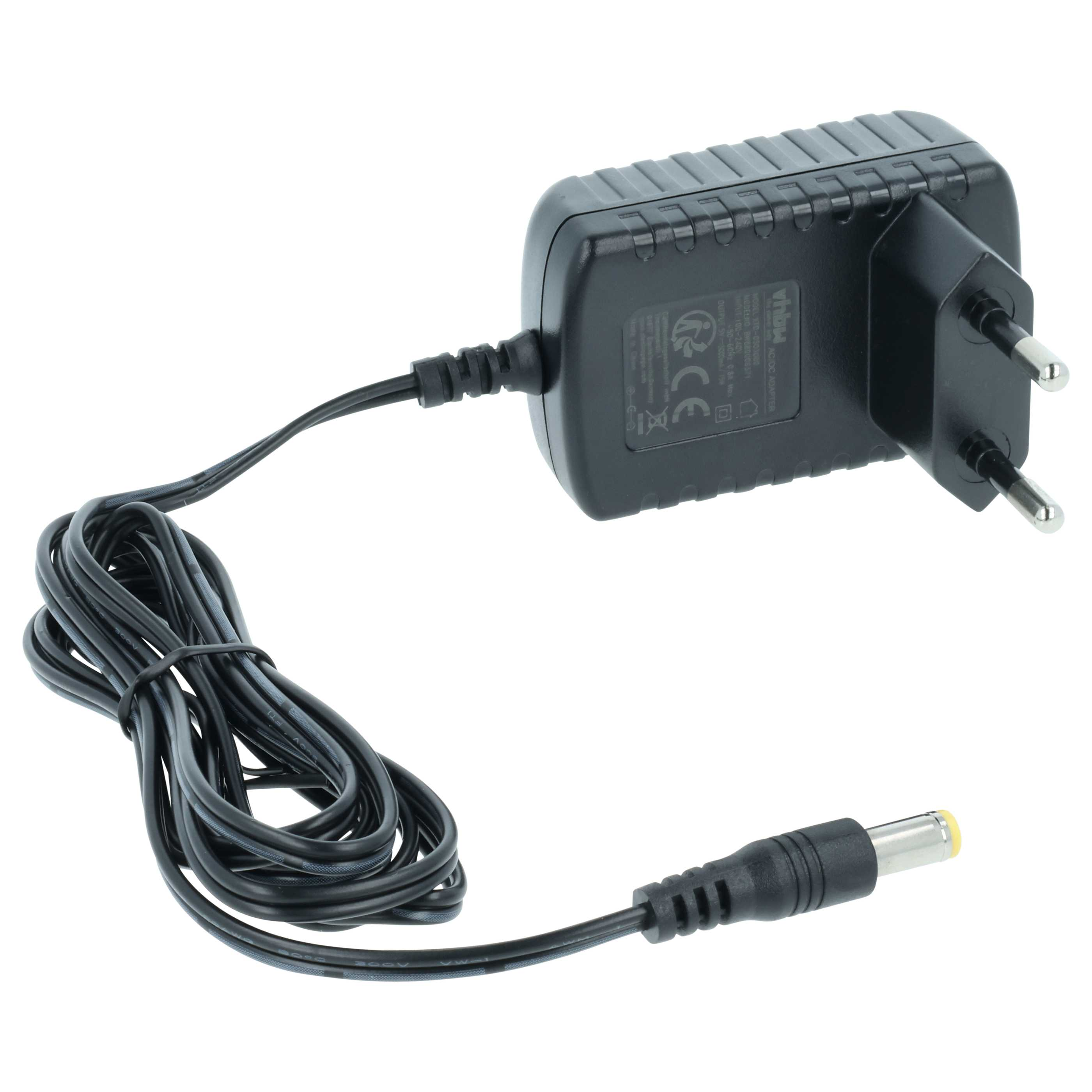 Schwarzes Netzteil mit EU-Stecker, schwarzem Kabel und rundem Stecker.