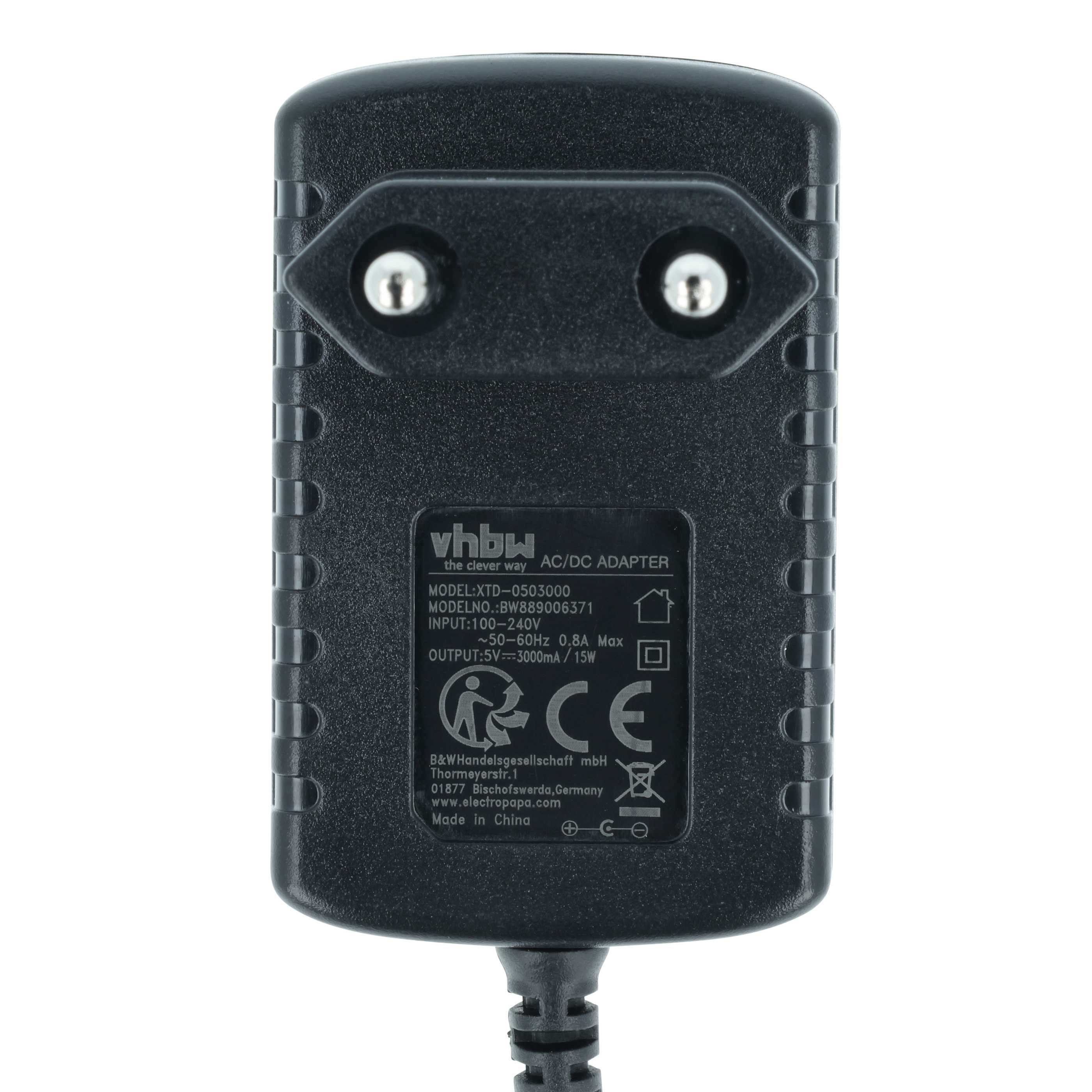 Schwarzes Netzteil mit EU-Stecker, Beschriftung mit Modell- und Leistungsdaten.