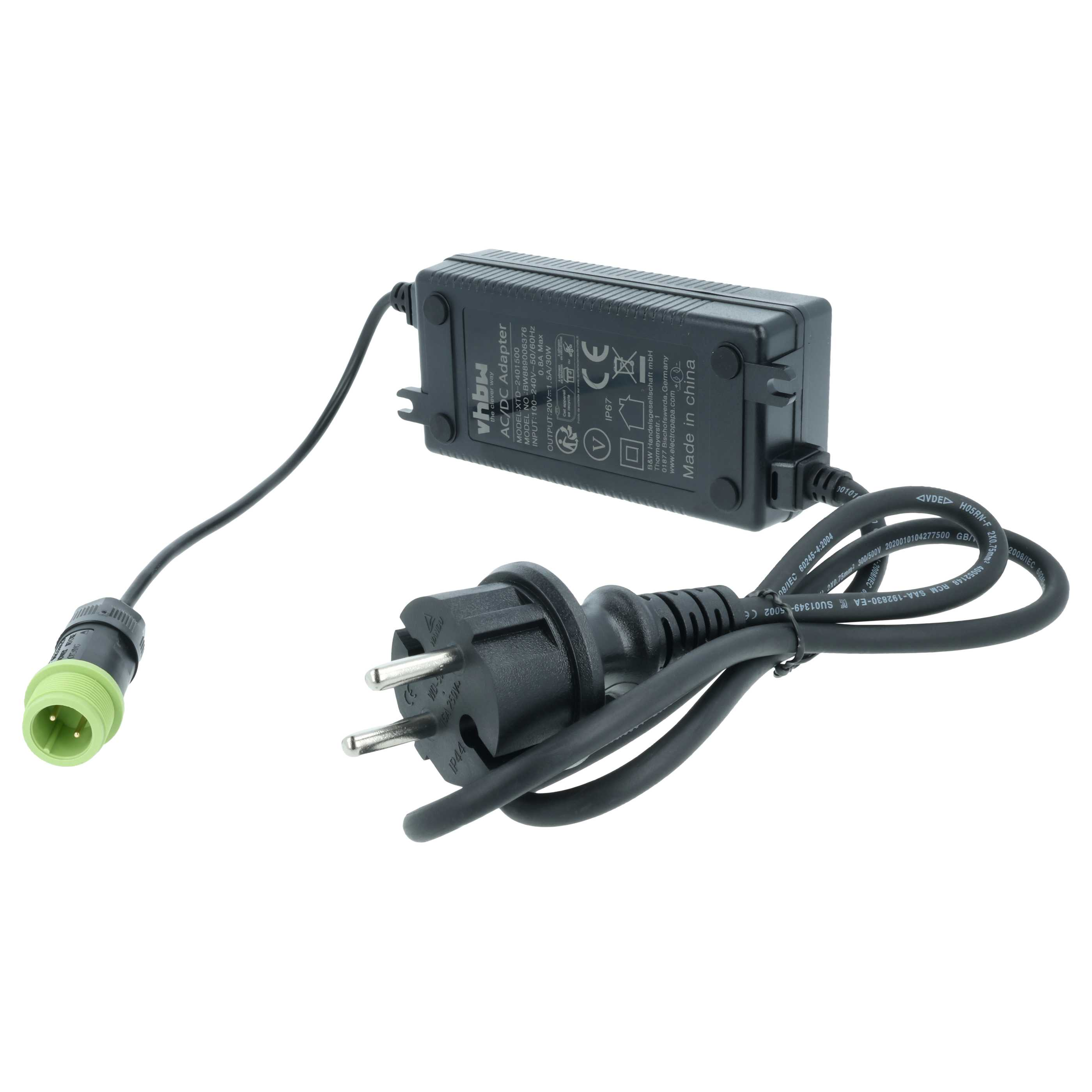 Schwarzer Netzadapter mit EU-Stecker und grünem Anschlusskabel.