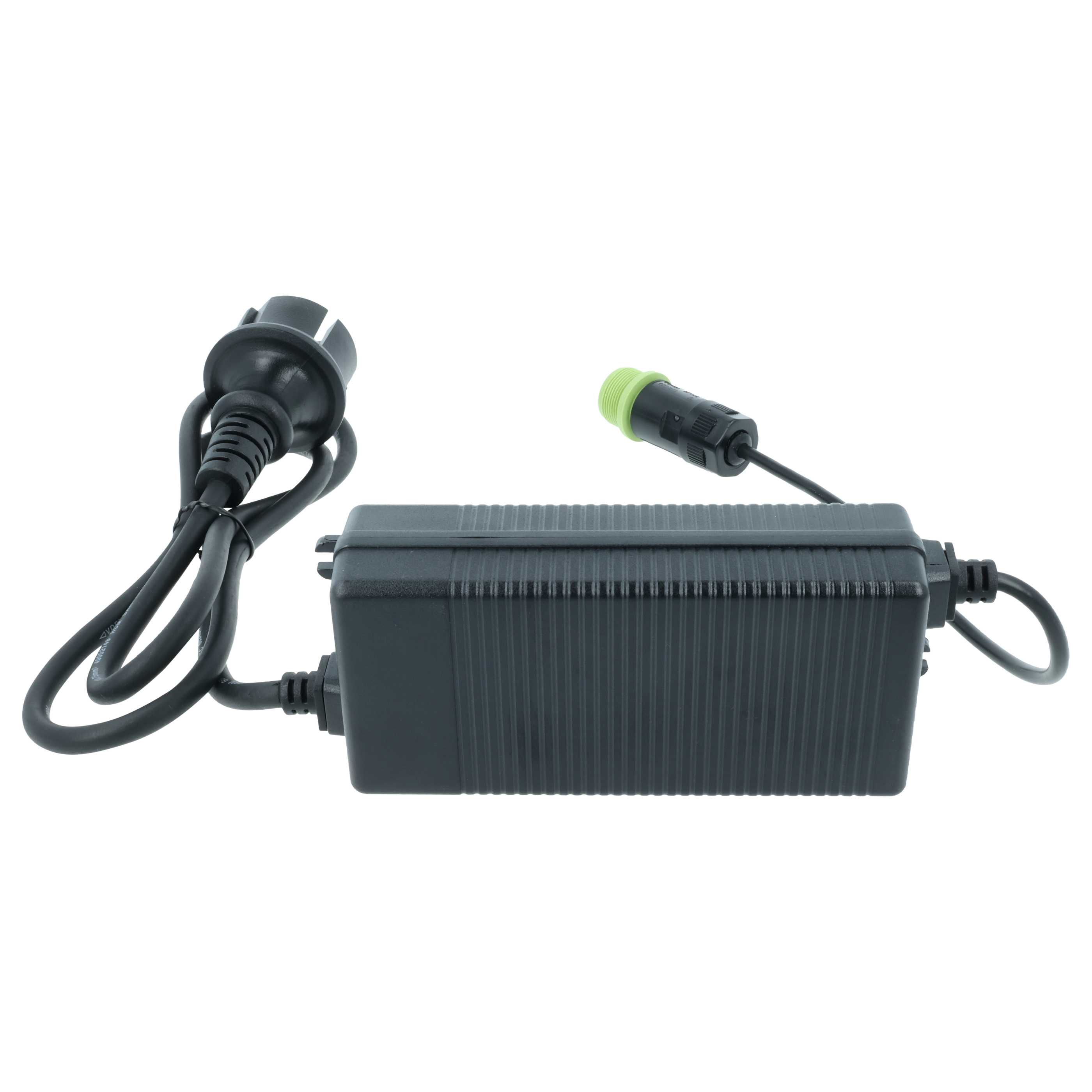 Ein schwarzes Ladegerät mit einem Stecker und einem grünen Anschluss.