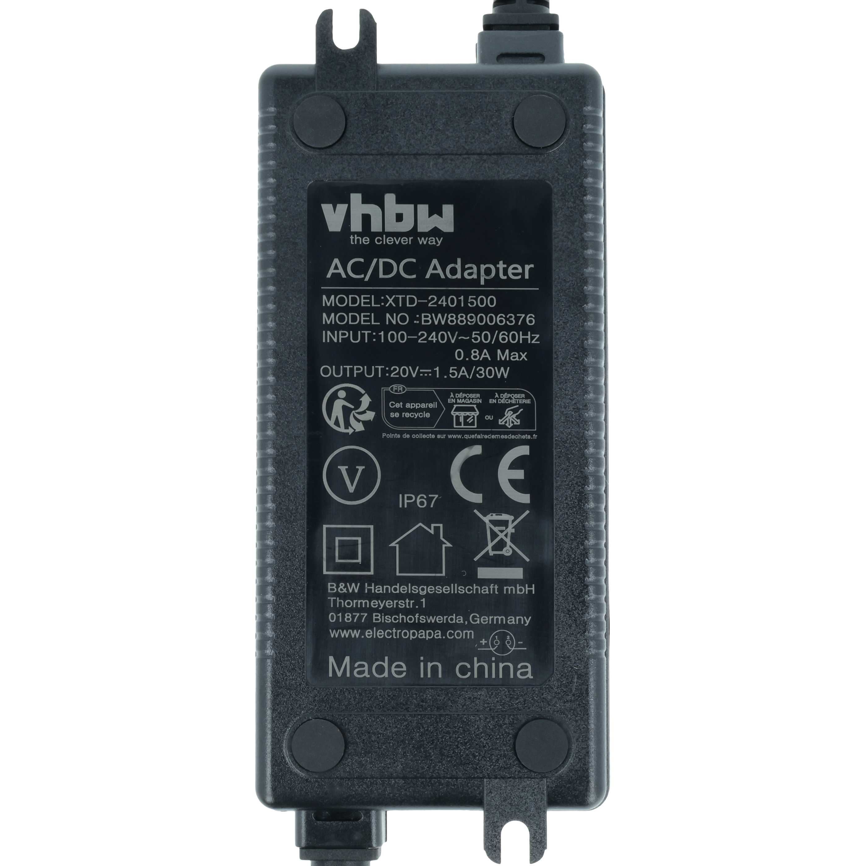 Schwarzer AC/DC-Adapter mit Modell- und technischen Daten.