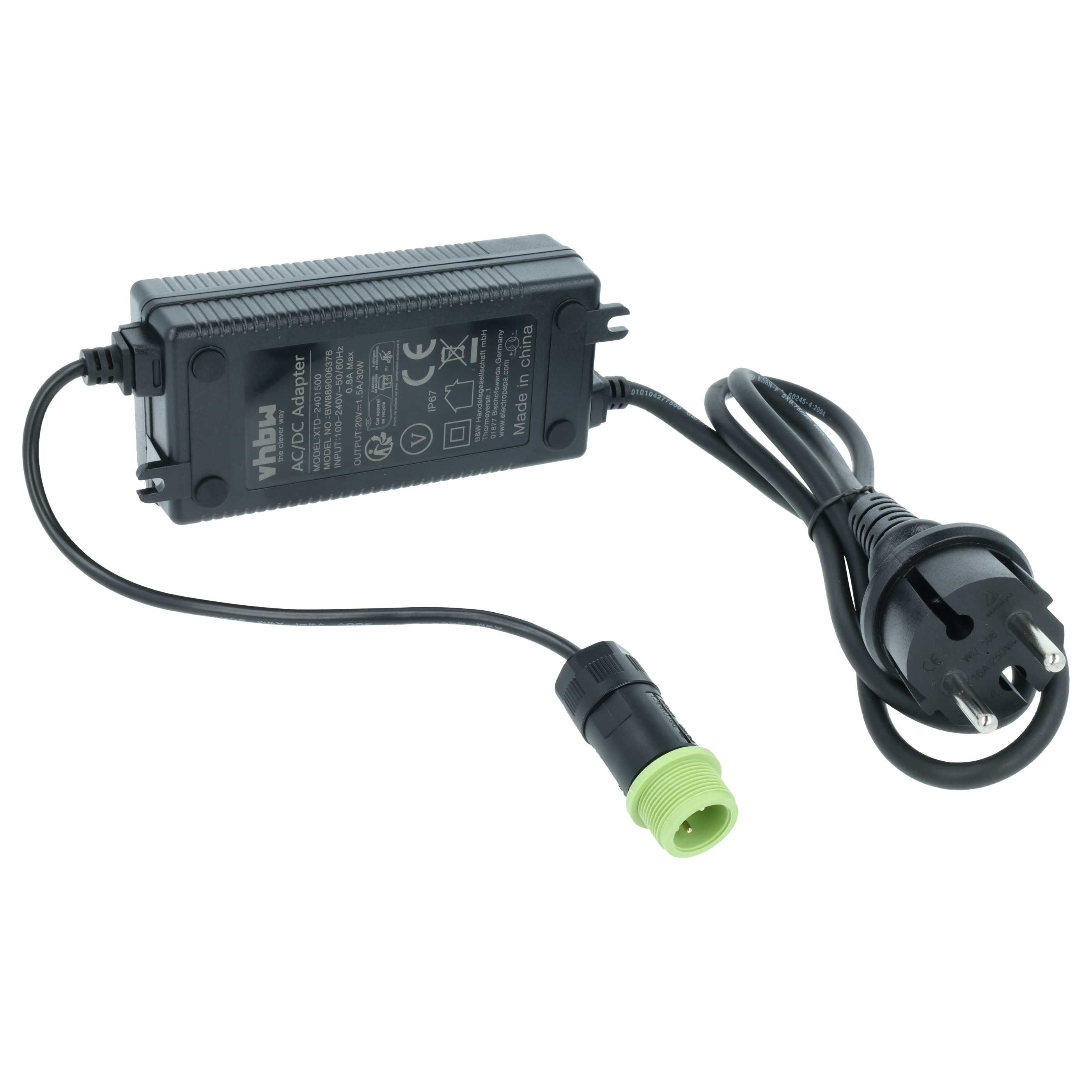 Schwarzer Netzadapter mit Kabeln und Stecker. Beschriftung auf Deutsch und Englisch.