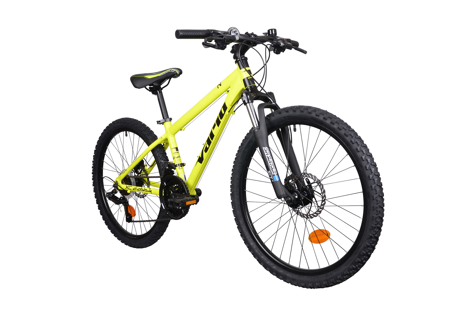 Jasnożółty rower górski z czarnymi oponami i felgami.