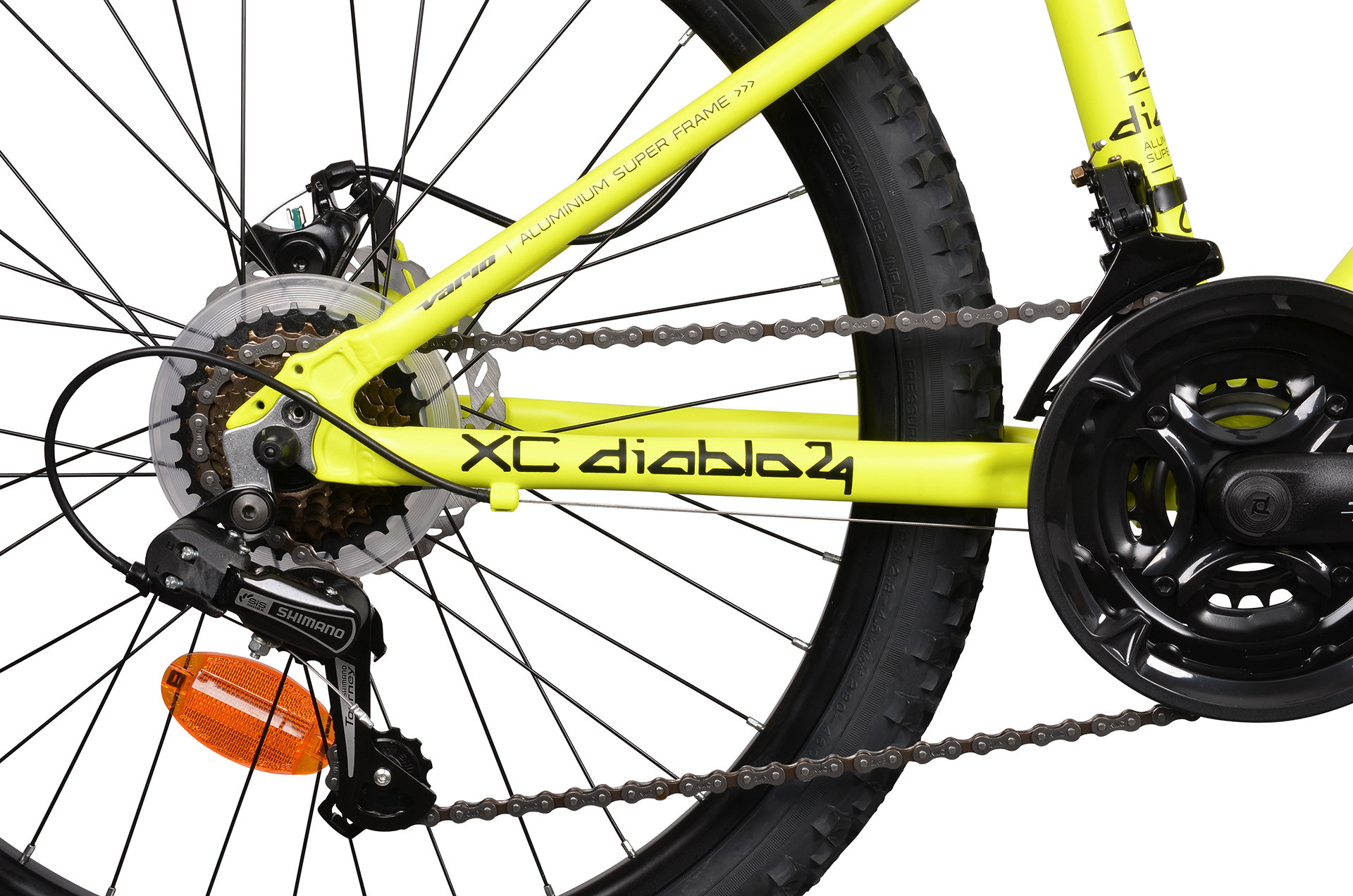 Żółty rower z łańcuchem, zębatkami, hamulcem tarczowym i odblaskiem.