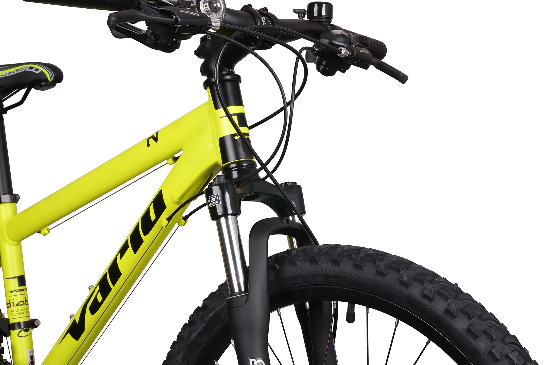 Zbliżenie jaskrawożółtej ramy roweru z czarnym amortyzatorem i oponą.