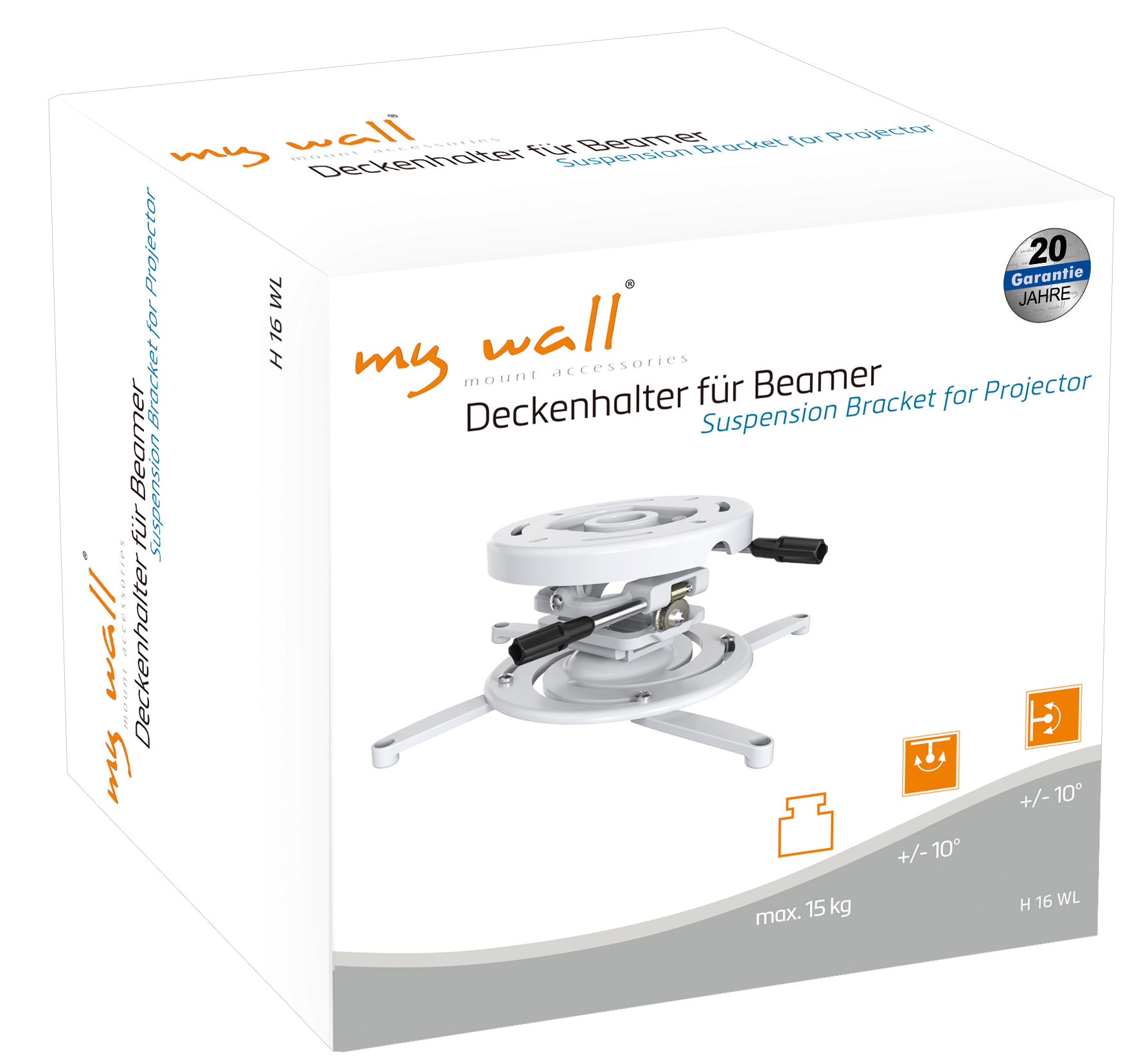 Verpackung einer Deckenhalterung für Beamer mit Zubehör und technischen Details.