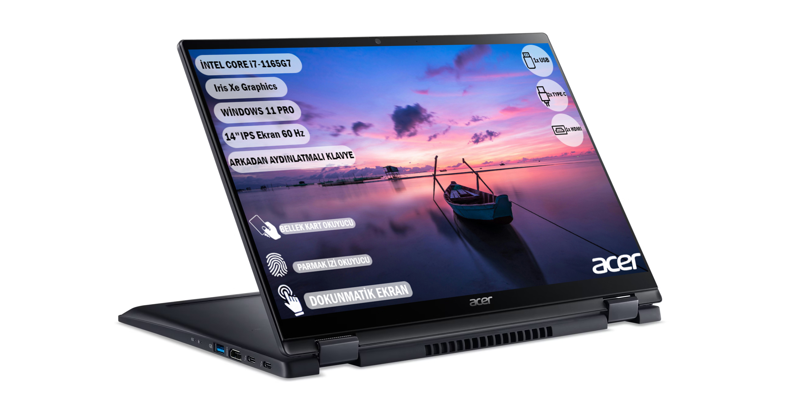 Ekranında tekne ve gün batımı görüntüsü olan siyah bir Acer dizüstü bilgisayar.