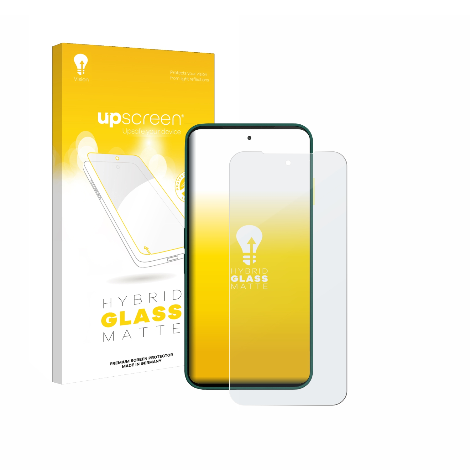 Verpackung und Displayschutzfolie für ein Smartphone auf weißem Hintergrund.