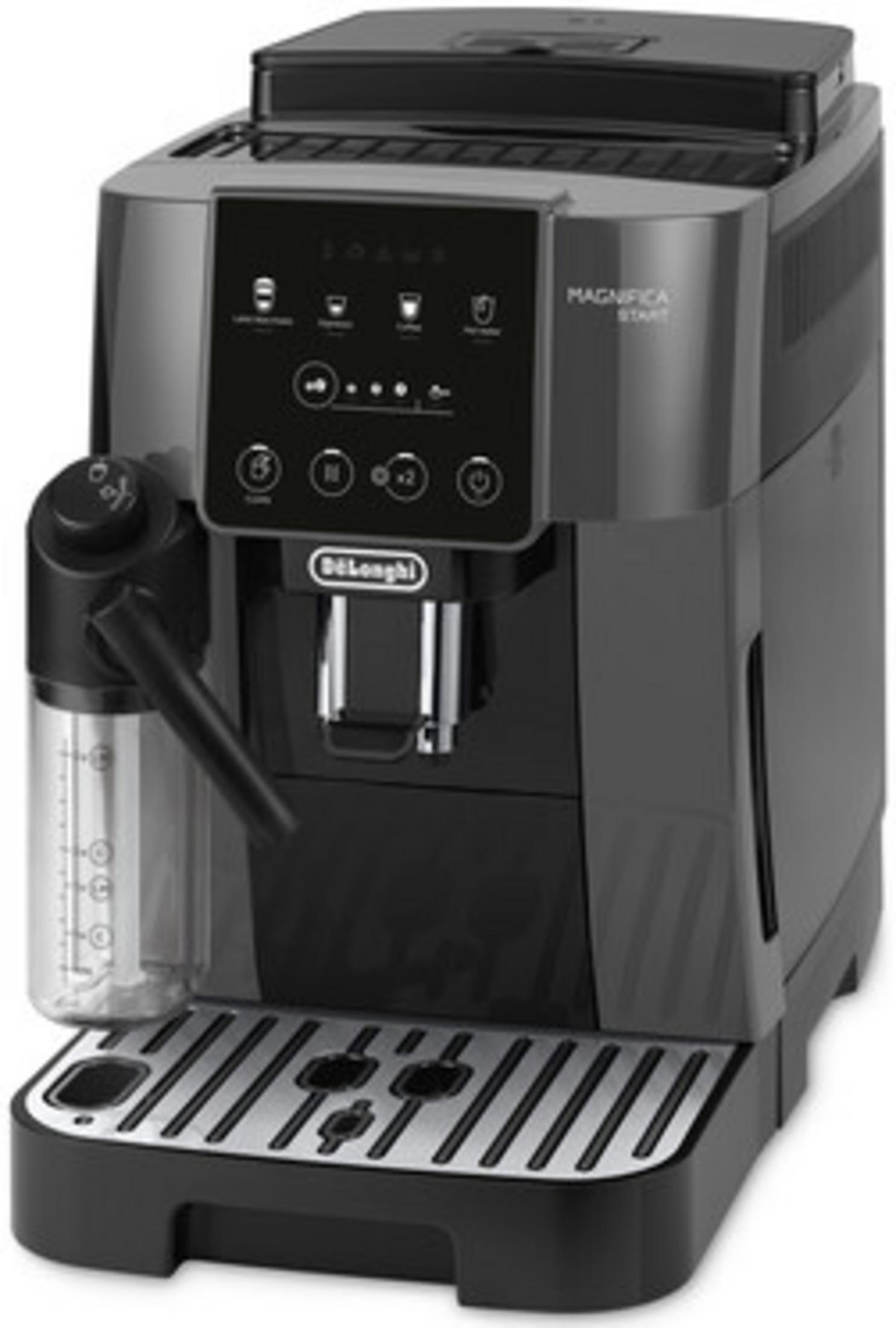 Macchina da caffè DeLonghi Magnifica grigia con caraffa latte e pannello di controllo.