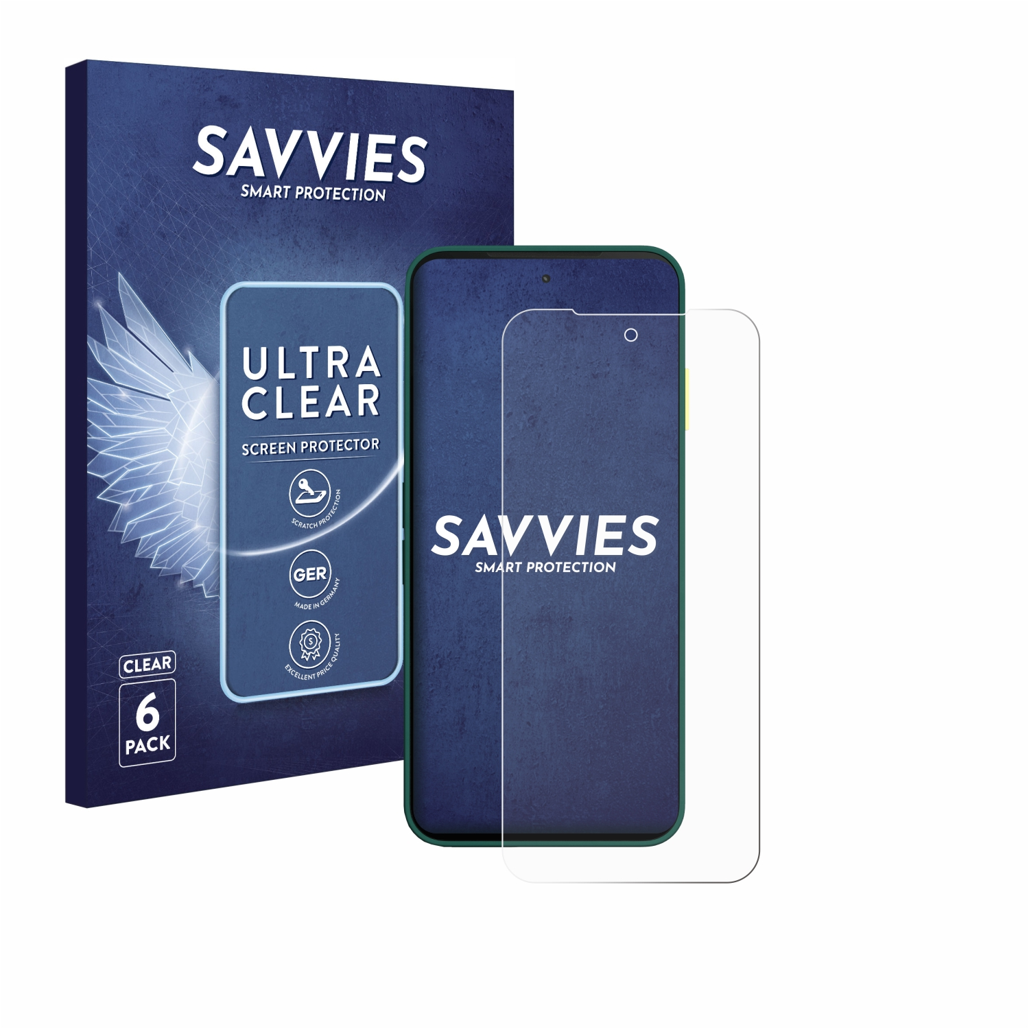SAVVIES Displayschutzfolie im 6er-Pack neben einem Smartphone.