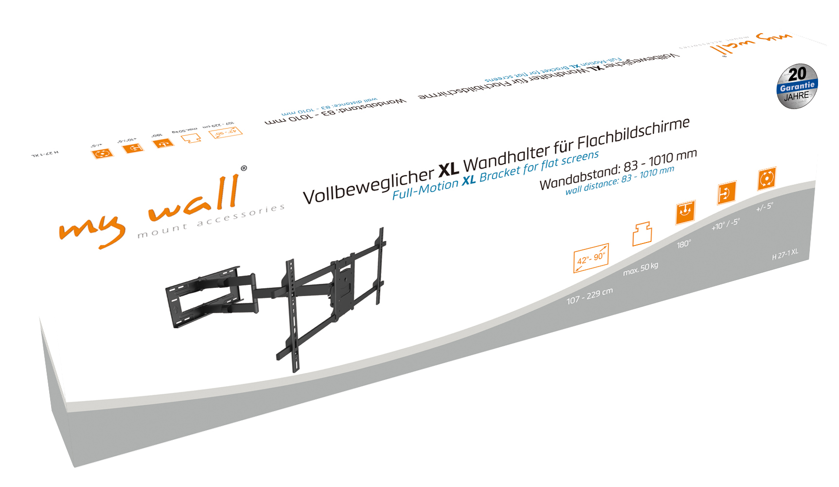 Ein schwarzer, beweglicher XL Wandhalter für Flachbildschirme auf einer Verpackung.