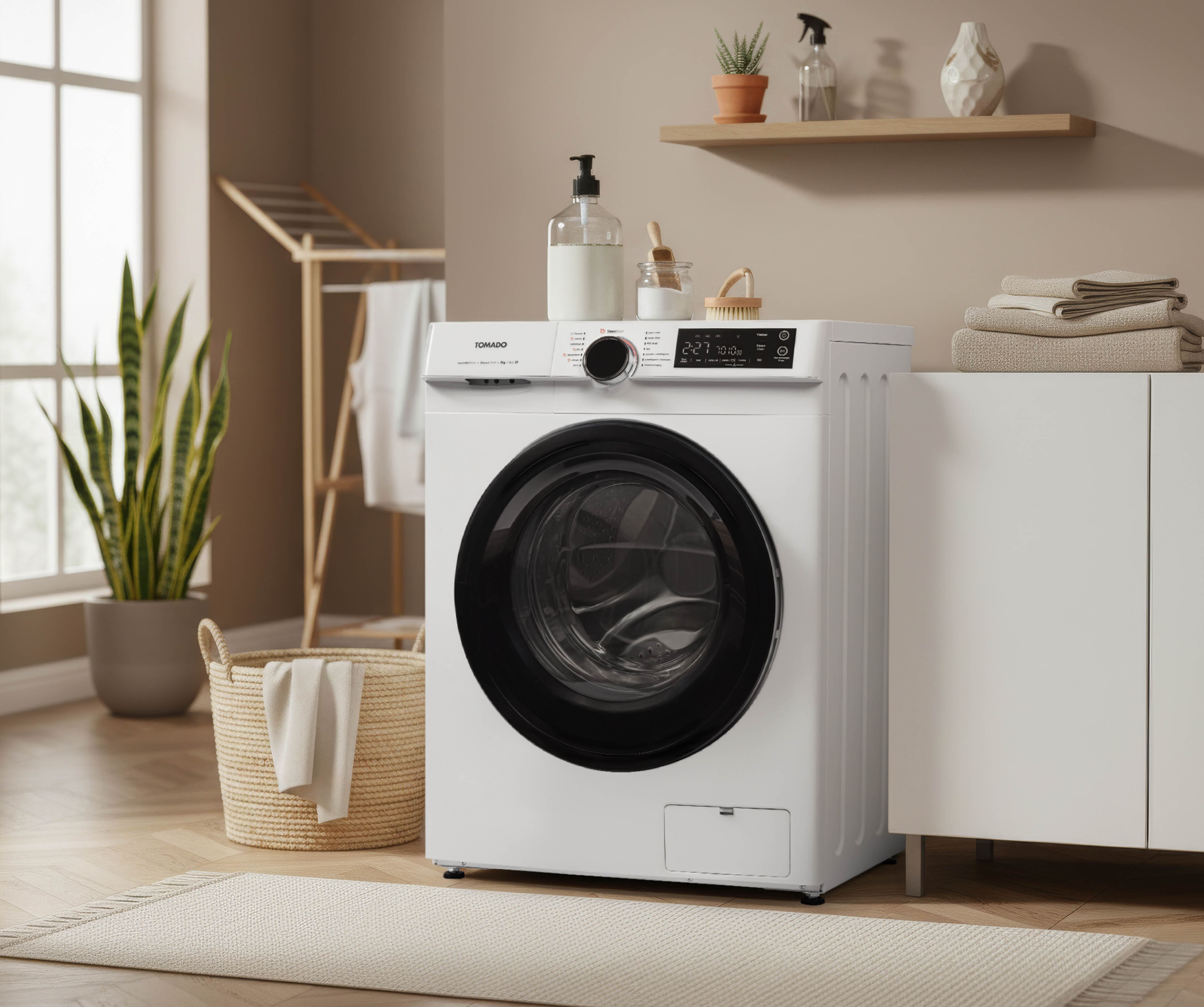 A white washing machine sits in a bathroom with a wooden floor.