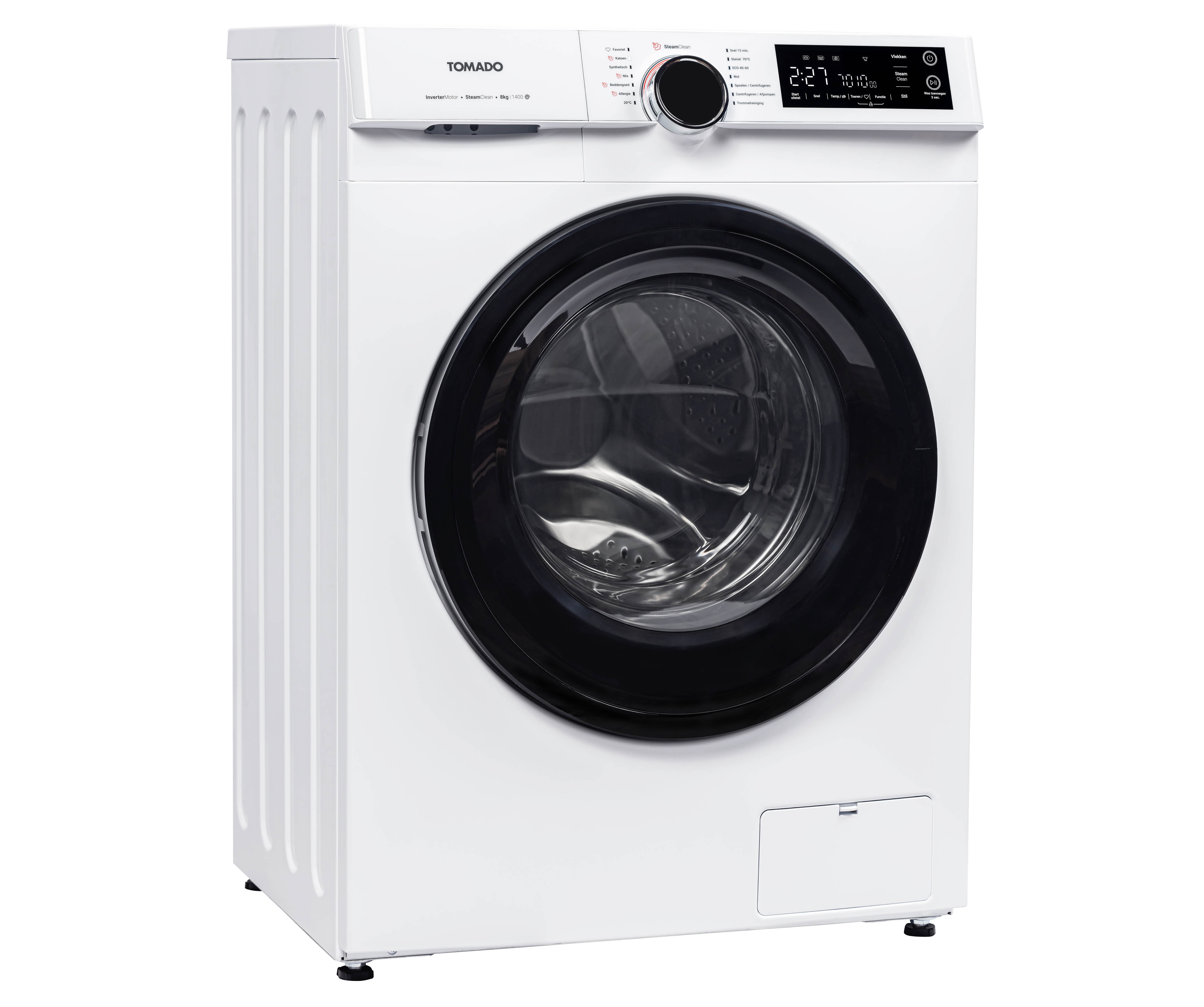 A white washing machine with a black door and control panel with display.