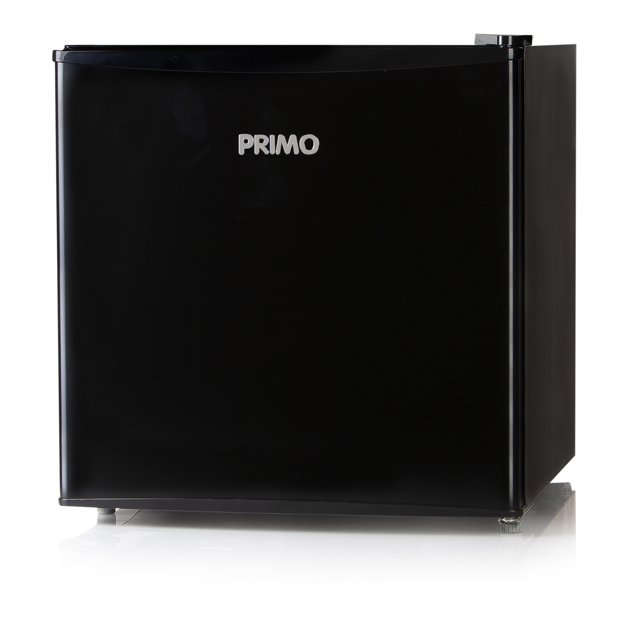 Un mini-frigo noir Primo sur fond blanc, montrant son design épuré.