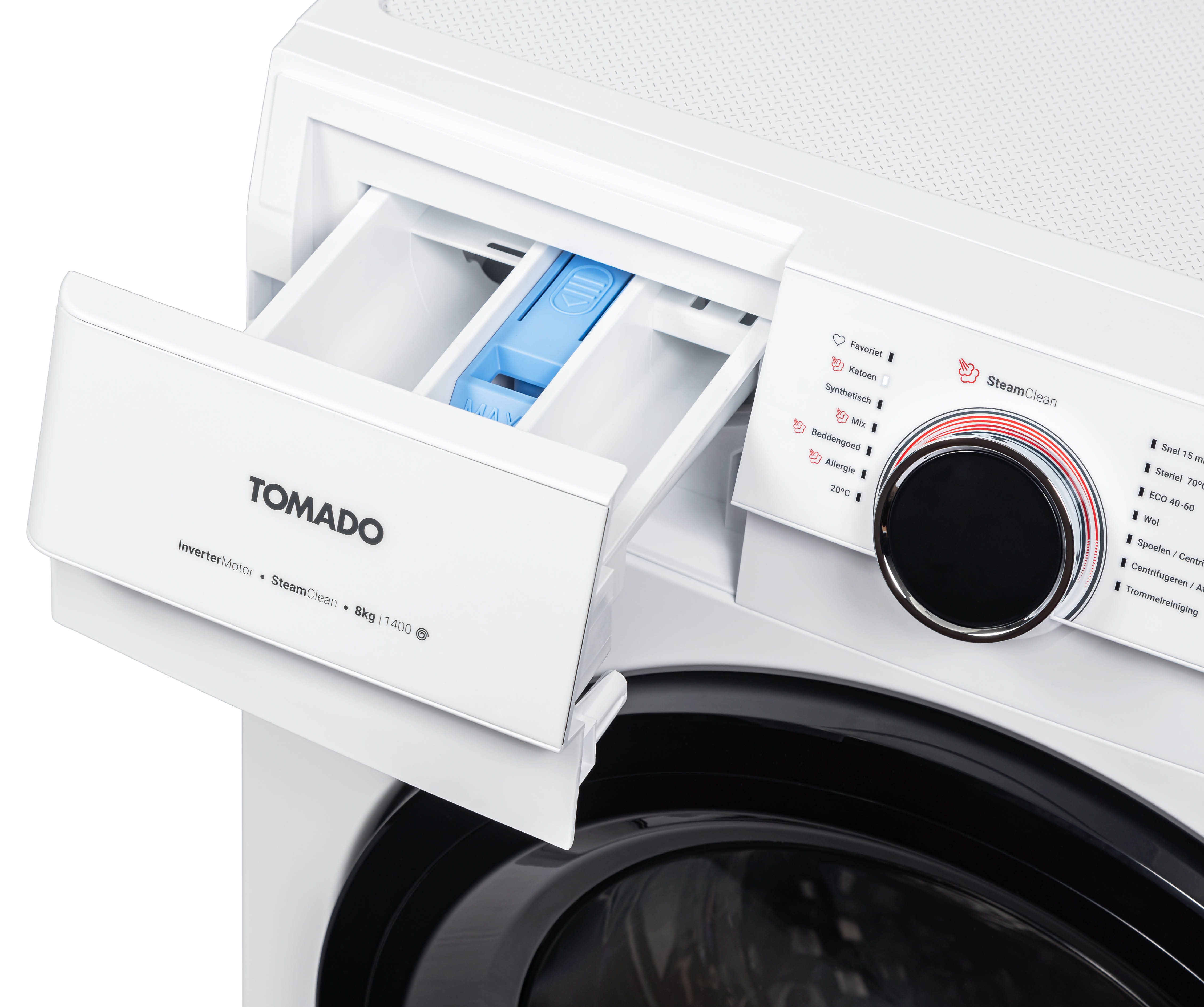 A white washing machine with its detergent drawer pulled out and control panel visible.