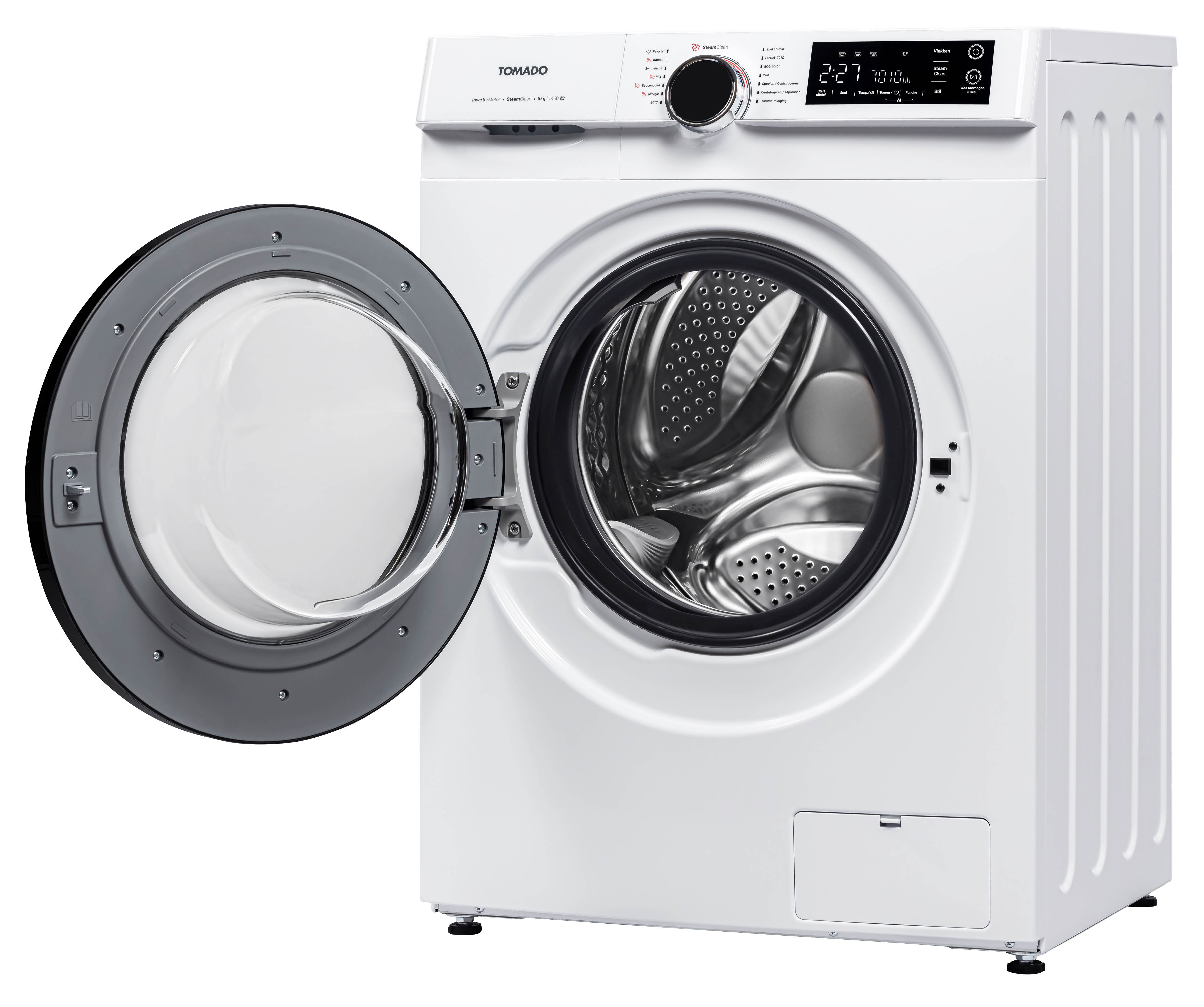 A white washing machine with its door open, revealing the drum inside.