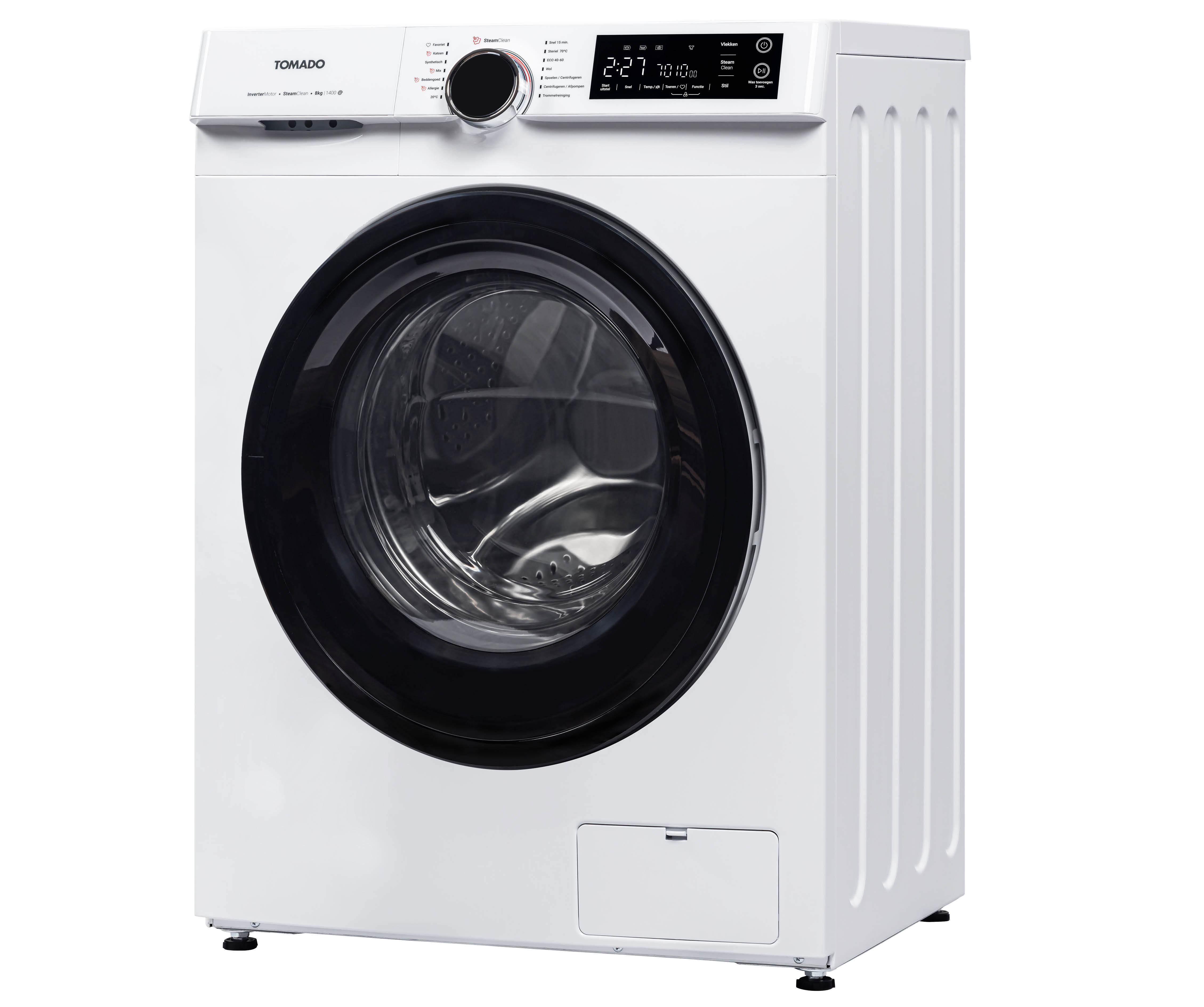 A white washing machine with a black door and digital control panel.