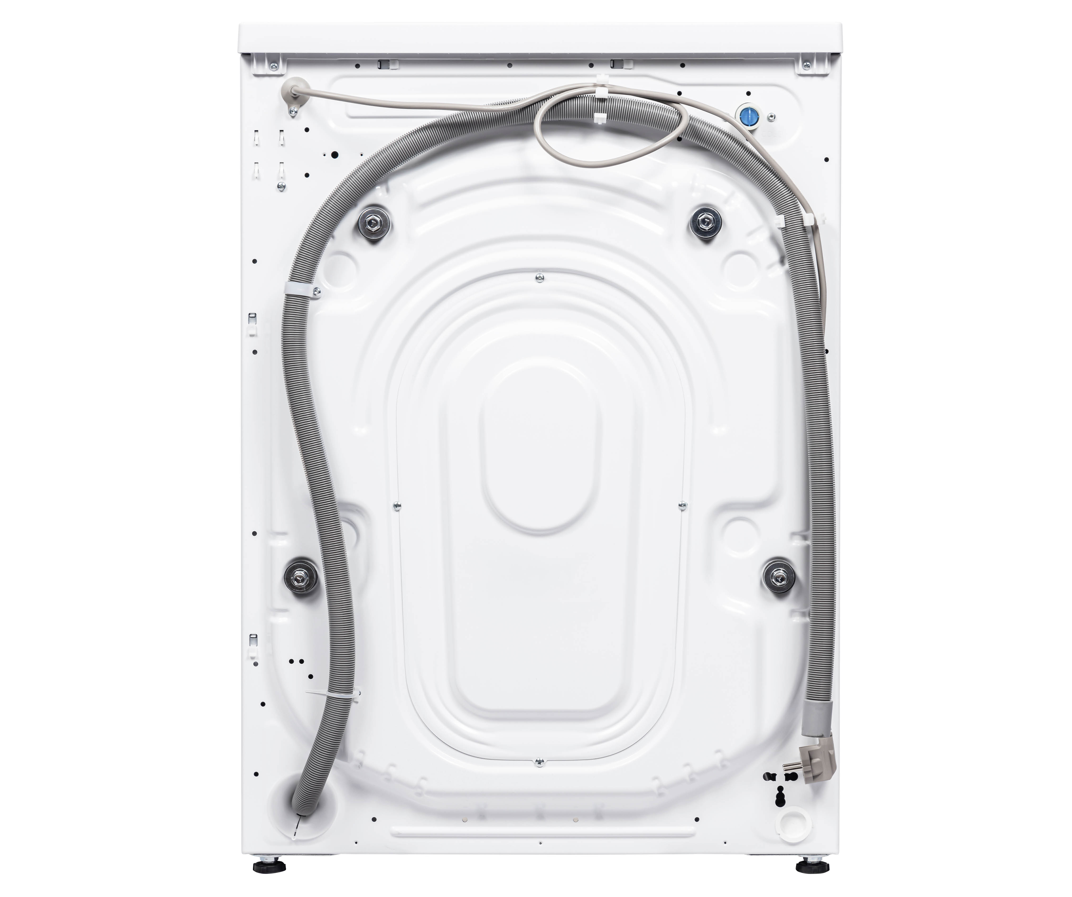 Back of a white washing machine with hoses and connectors.