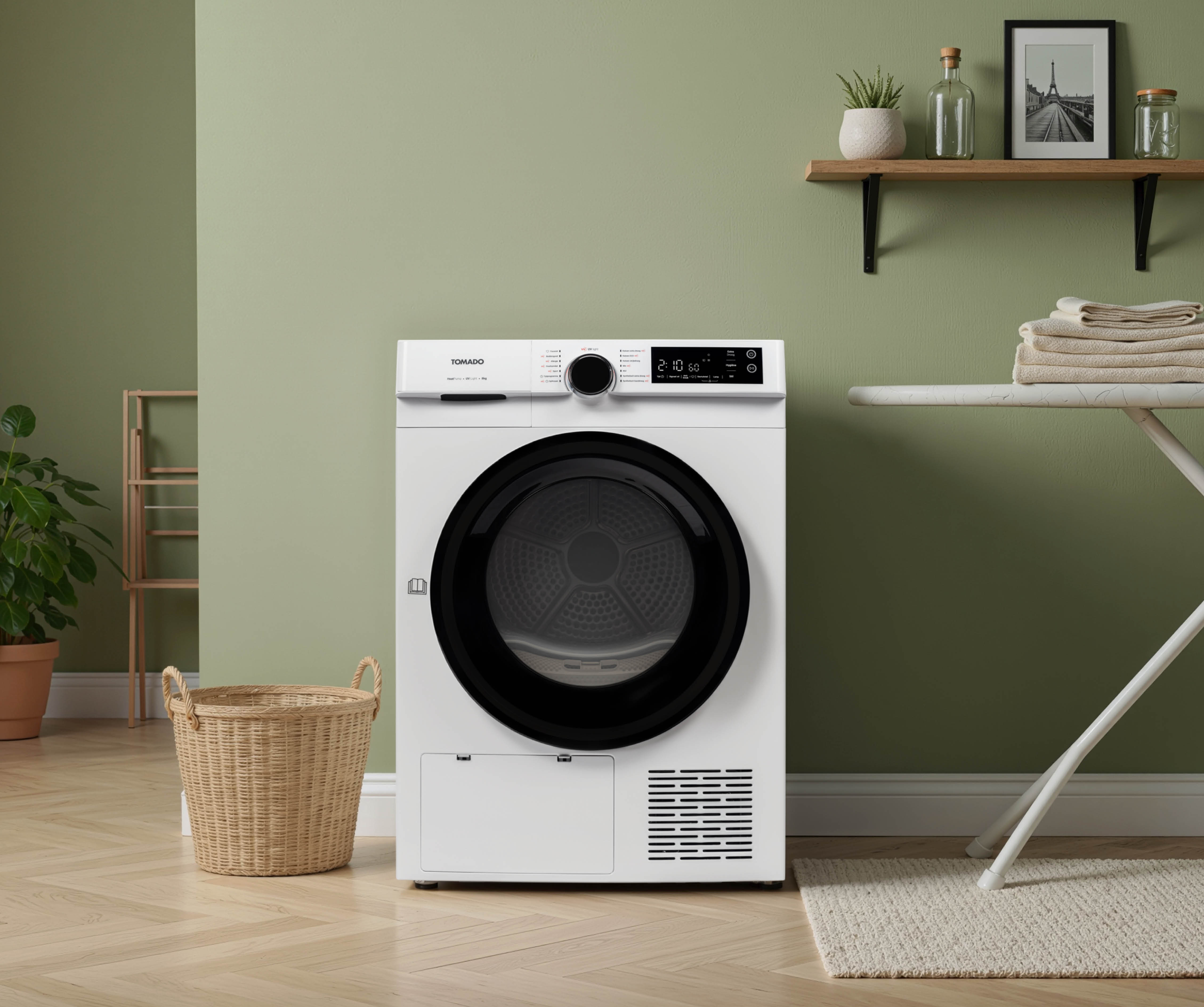 A white tumble dryer stands on a wooden floor. A woven basket is next to it.